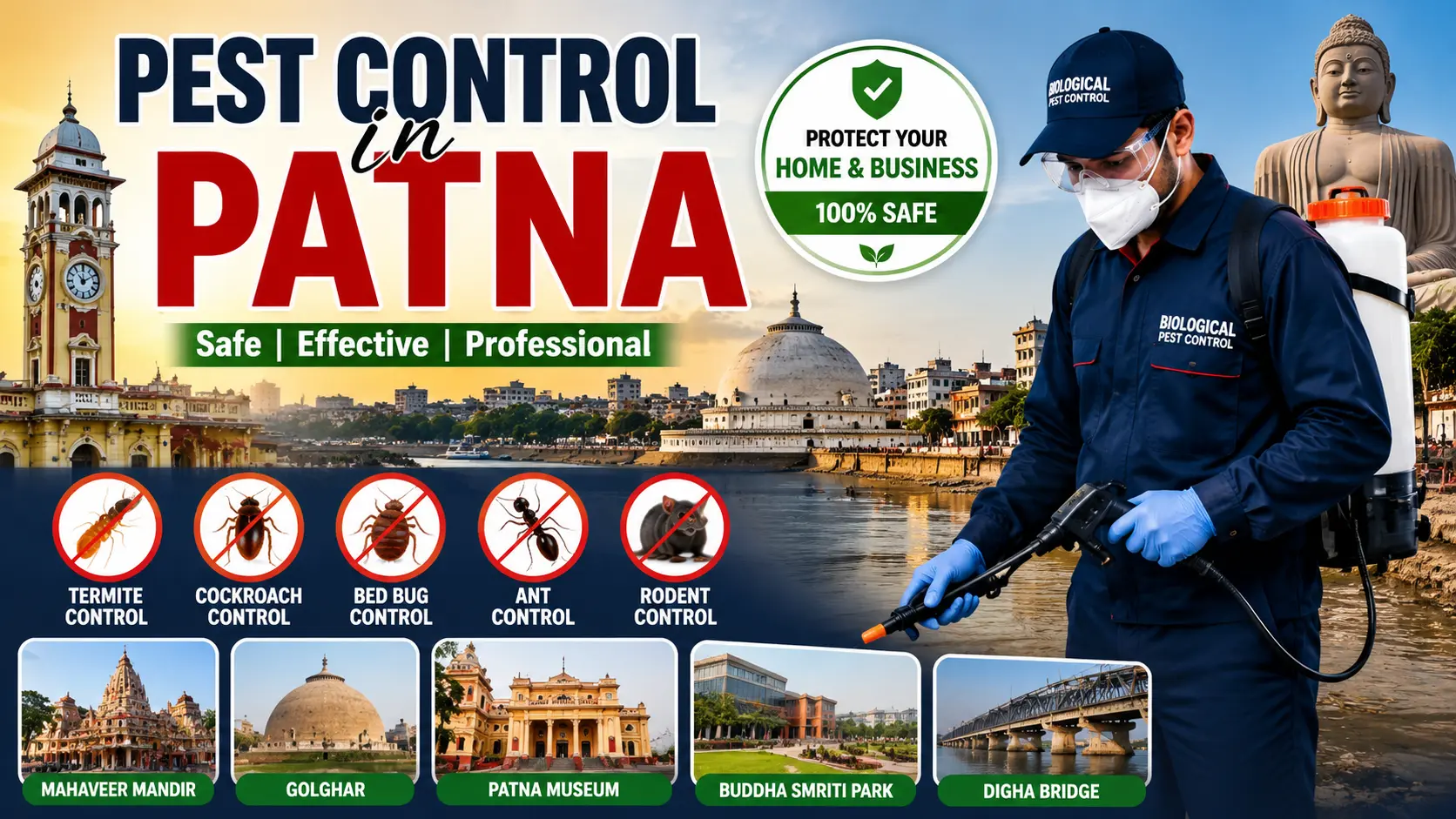 Professional Pest Control Services in Patna for homes and businesses. Expert termite treatment, cockroach, bed bug, ant, lizard, fly and wood borer control. Call 8002838984.