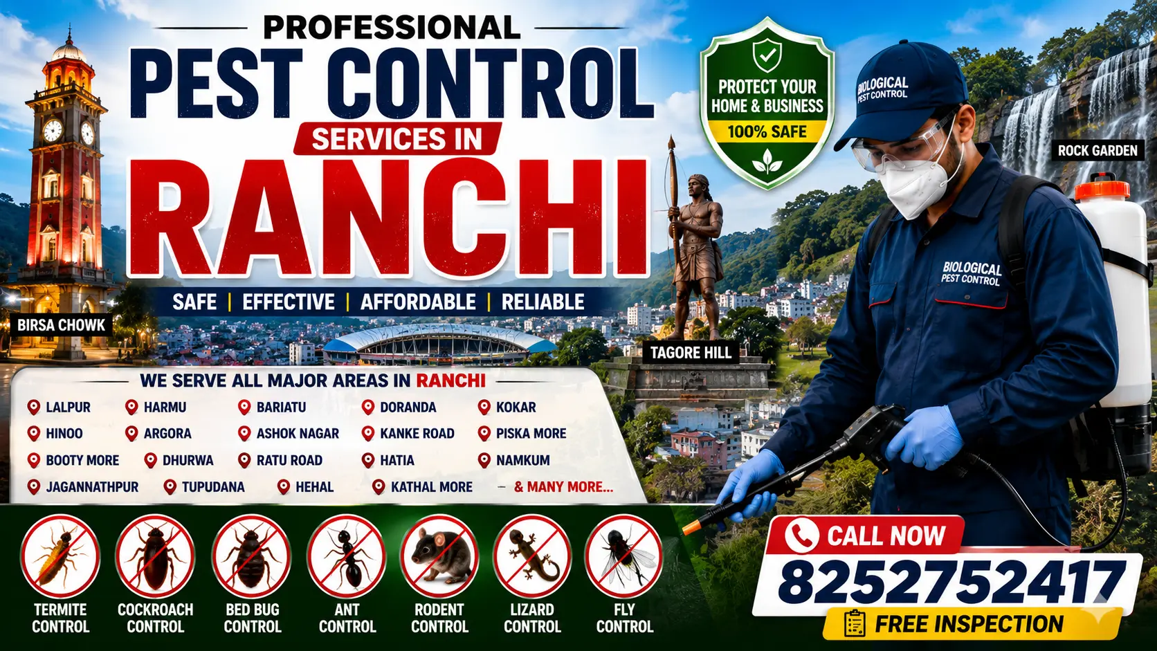 Looking for professional pest control services in Ranchi? Biological Pest Control provides termite treatment, cockroach control, bed bug control, ant control, wood borer treatment, and commercial pest management across Ranchi. Call 8252752417 for a free inspection.