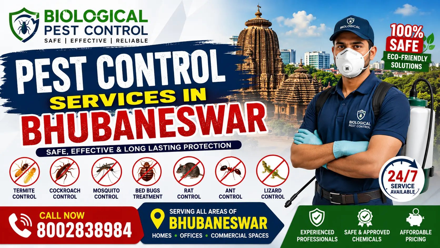 Biological Pest Control provides professional pest control services in Bhubaneswar, Odisha for homes and businesses. Expert termite treatment, cockroach control, bed bug control, wood borer treatment, ant control, honey bee removal, lizard control, fly control and commercial pest management. Call 8002838984 for a free inspection.