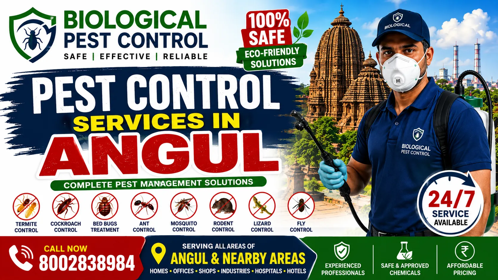 Biological Pest Control provides professional pest control services in Angul, Odisha for homes, offices, industries, hotels, hospitals, schools, and commercial properties. Expert termite treatment, cockroach control, bed bug treatment, wood borer control, ant control, honey bee removal, lizard control, fly control, and complete pest management. Call 8002838984 today.