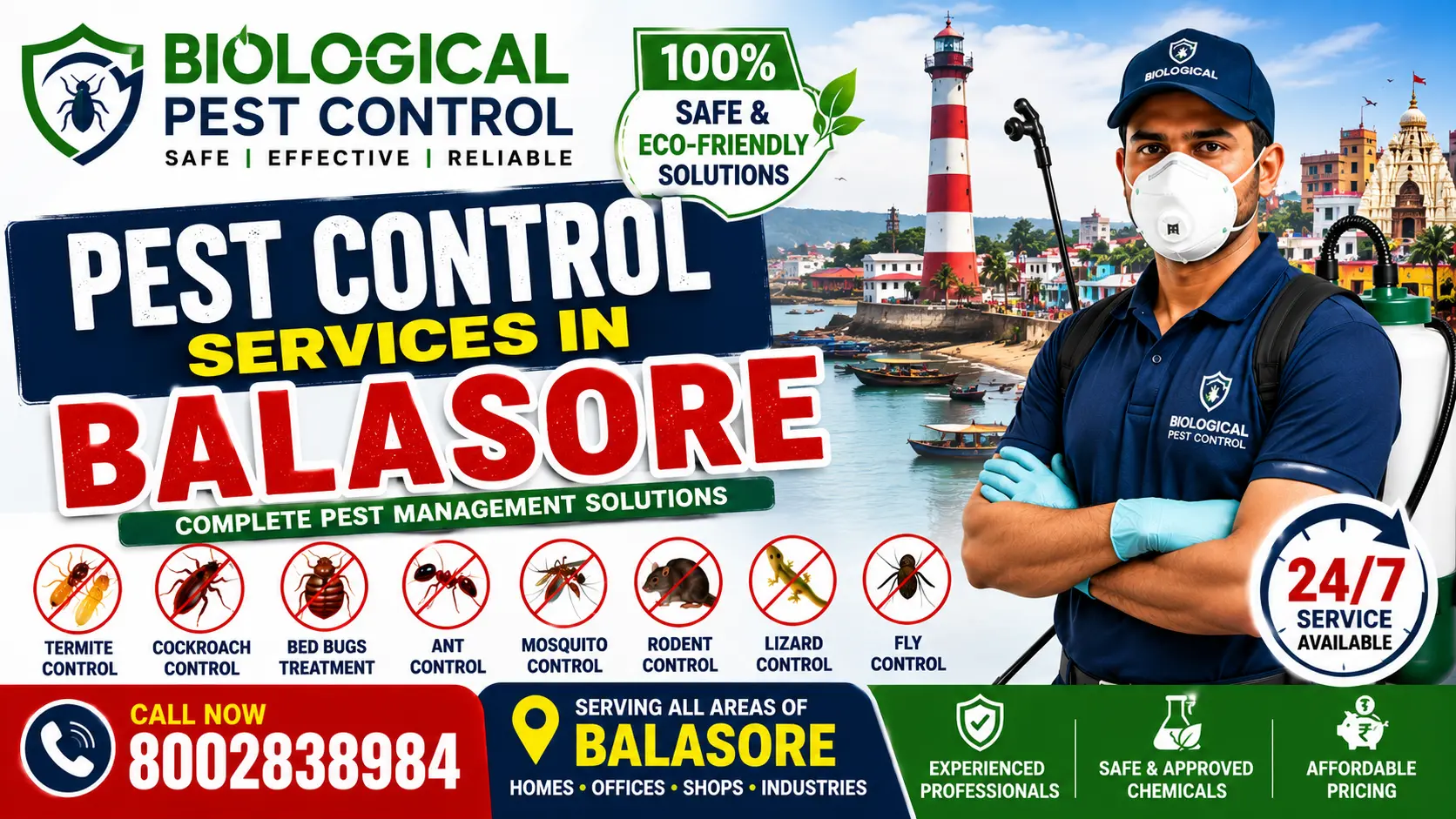 Biological Pest Control provides professional pest control services in Balasore, Odisha for homes, hotels, offices, warehouses, seafood businesses, hospitals, schools, and industries. Expert termite treatment, cockroach control, bed bug treatment, wood borer control, ant control, honey bee removal, lizard control, fly control, and complete pest management. Call 8002838984 today.