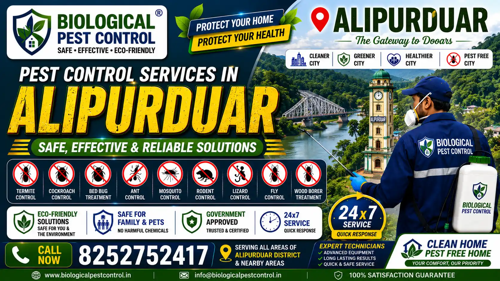 Looking for eco-friendly pest control in Kolkata and Alipurduar? Biological Pest Control offers child-safe, government-approved termite, cockroach, bed bug, and rodent control across Alipurduar Junction, Falakata, Jaigaon, Madarihat, Birpara, and Kolkata. Call +91 8252752417 for a free consultation today!
