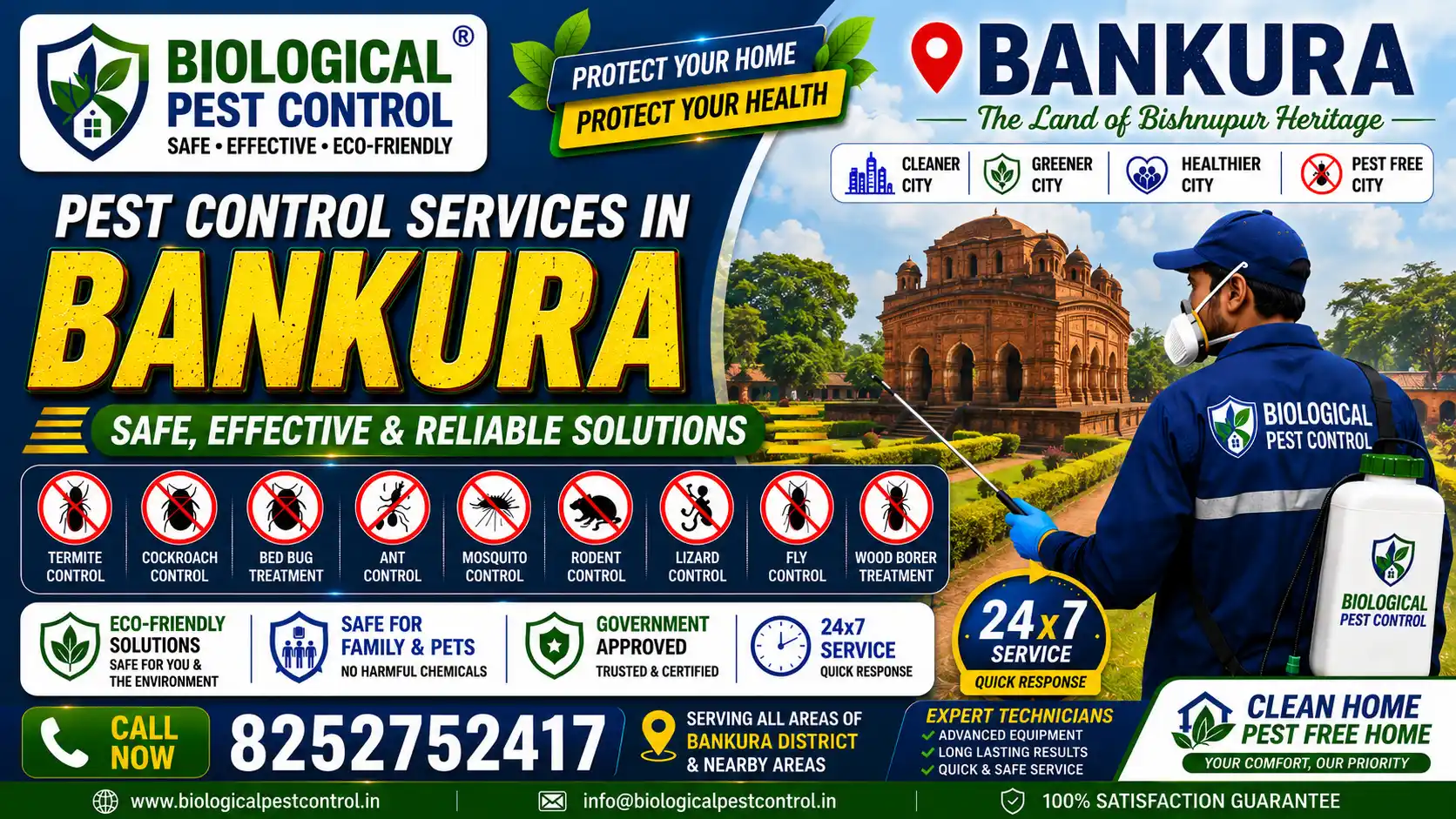 Book professional biological pest control services in Kolkata & Bankura. Safe, odorless treatment for termites, cockroaches, rodents, bed bugs, and mosquitoes. Call 8252752417 for a free quote.