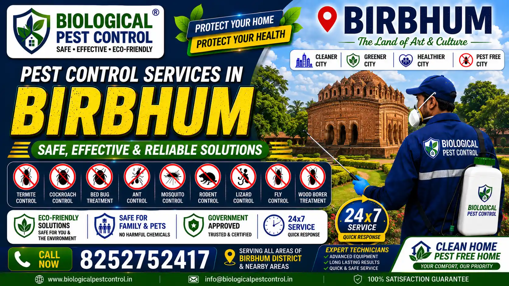 Looking for reliable pest control in Birbhum and Kolkata? Biological Pest Control offers child-safe, eco-friendly termite, cockroach, bed bug, and rodent control in Suri, Bolpur, Santiniketan, Rampurhat, and Kolkata. Call +91 8252752417 for a free consultation today!