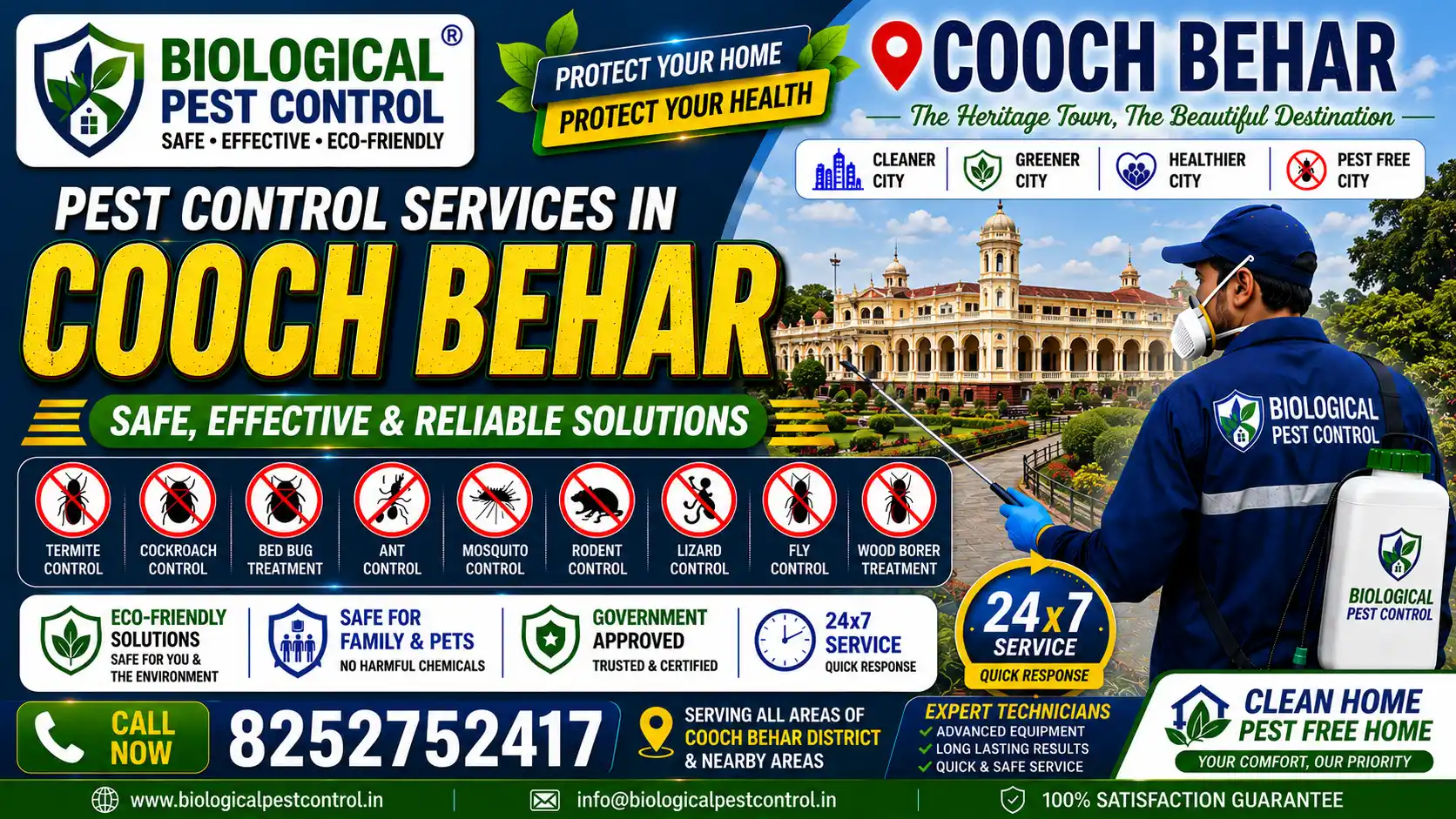 Looking for reliable pest control in Cooch Behar and Kolkata? Biological Pest Control delivers certified, eco-friendly termite, cockroach, bed bug, and rodent management across Khagrabari, New Town, Dinhata, Tufanganj, and Kolkata. Call +91 8252752417 for a free home inspection!