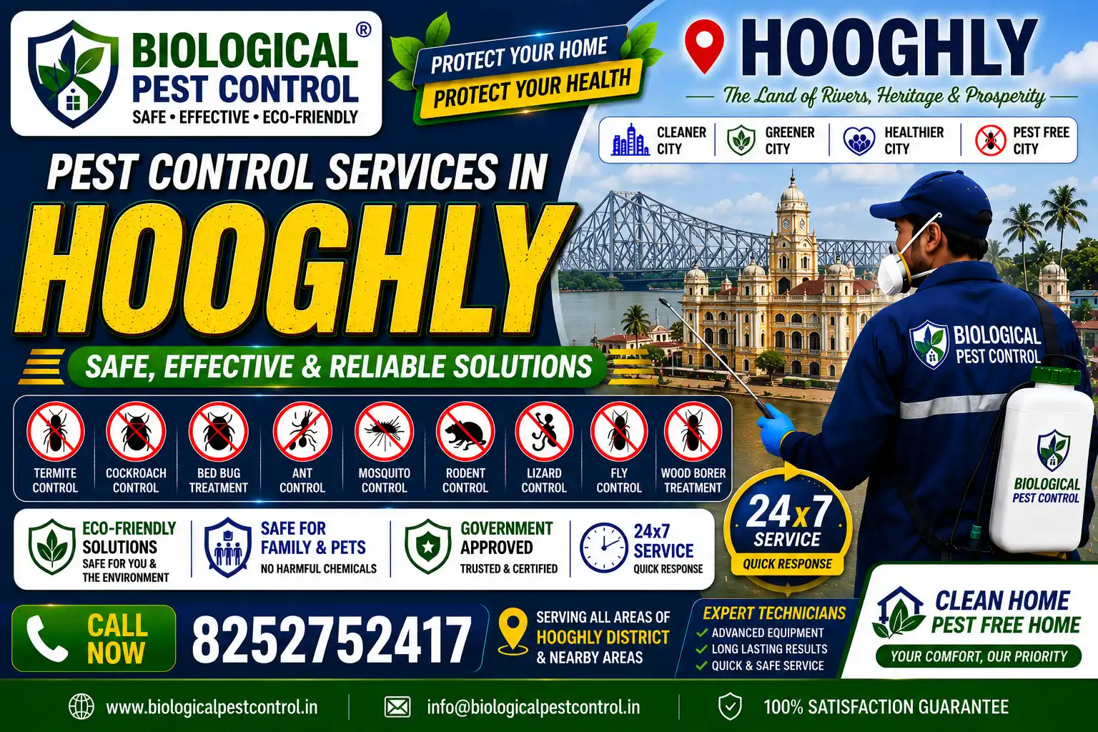 Looking for expert pest control in Hooghly? Get professional solutions for termites, cockroaches, bed bugs, and mosquitoes. Eco-friendly treatments, fair pricing. Call 8252752417.
