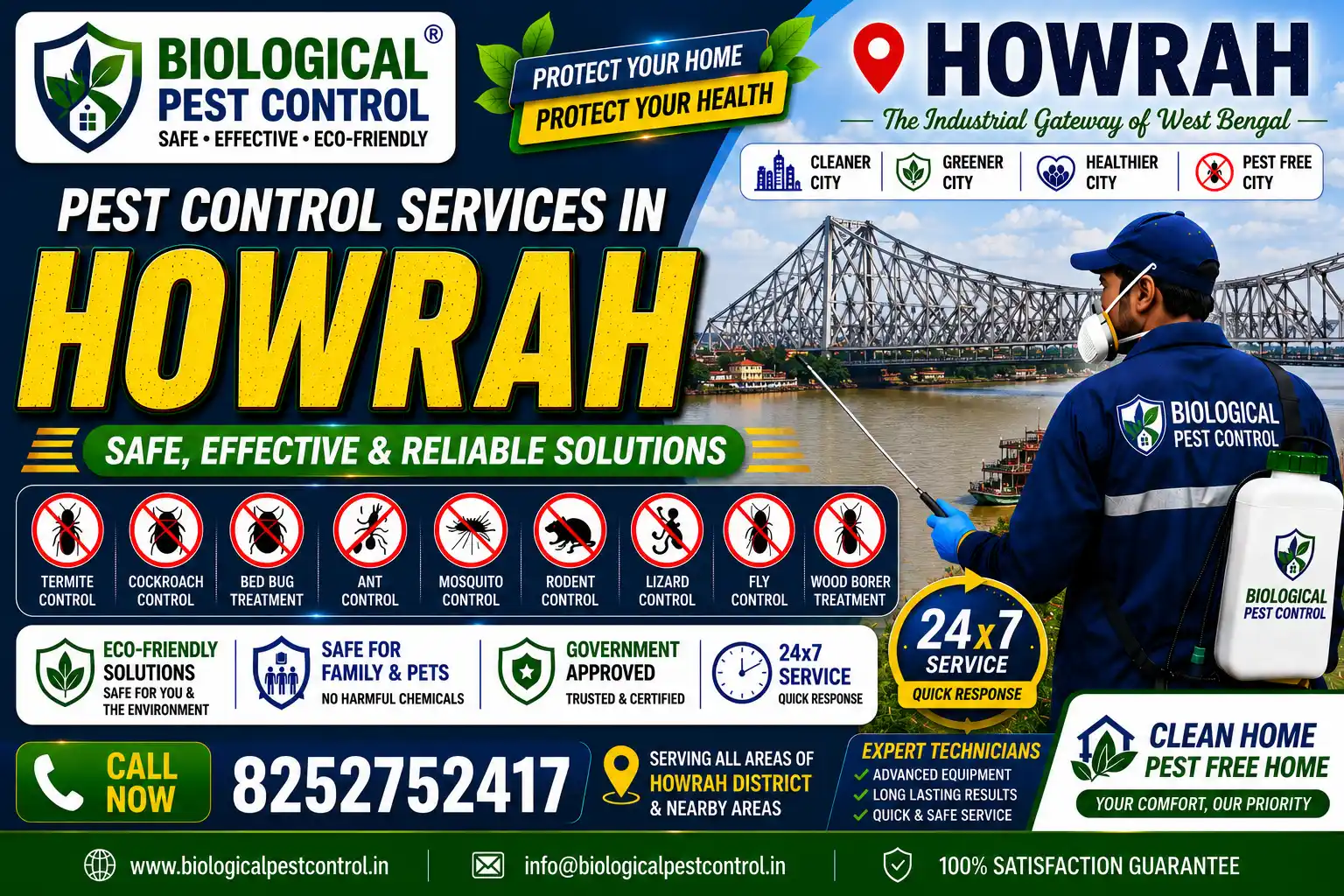 Looking for expert pest control in Howrah? Get professional solutions for termites, cockroaches, bed bugs, and mosquitoes. Eco-friendly treatments, fair pricing. Call 8252752417.