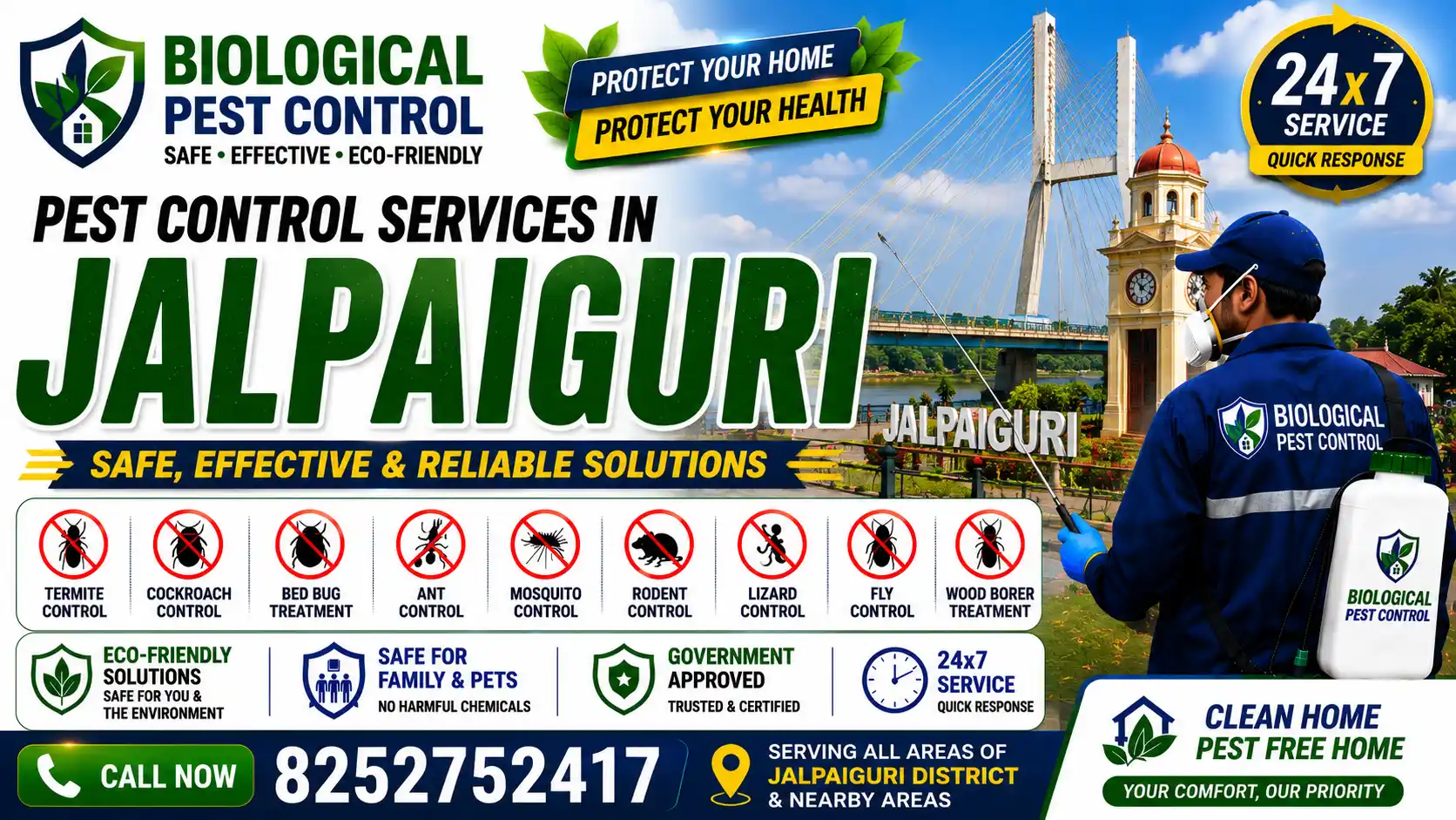 Looking for reliable pest control in Jalpaiguri? Get expert solutions for termites, mosquitoes, bed bugs, and rodents. Eco-friendly treatments, fair pricing, call 8252752417.