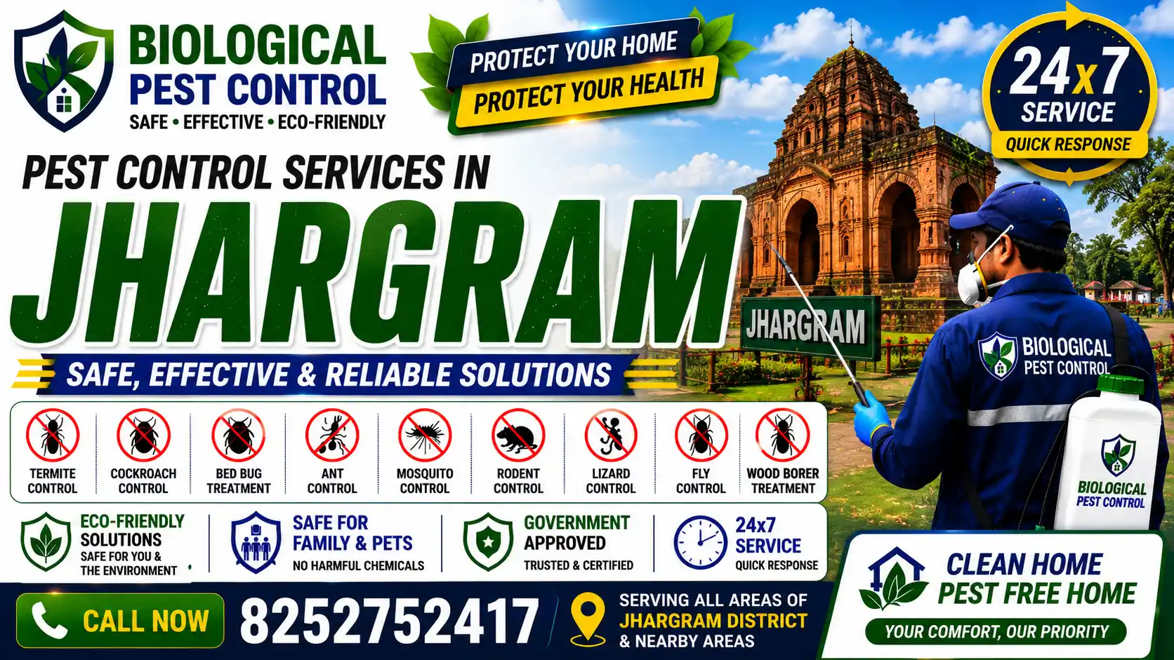 Looking for Eco-Friendly Biological Pest Control in Jhargram & Kolkata? Get expert bio-treatments for termites, wood borers, red ants, rodents, and agricultural pests. Call 8252752417 for safe, organic pest management!