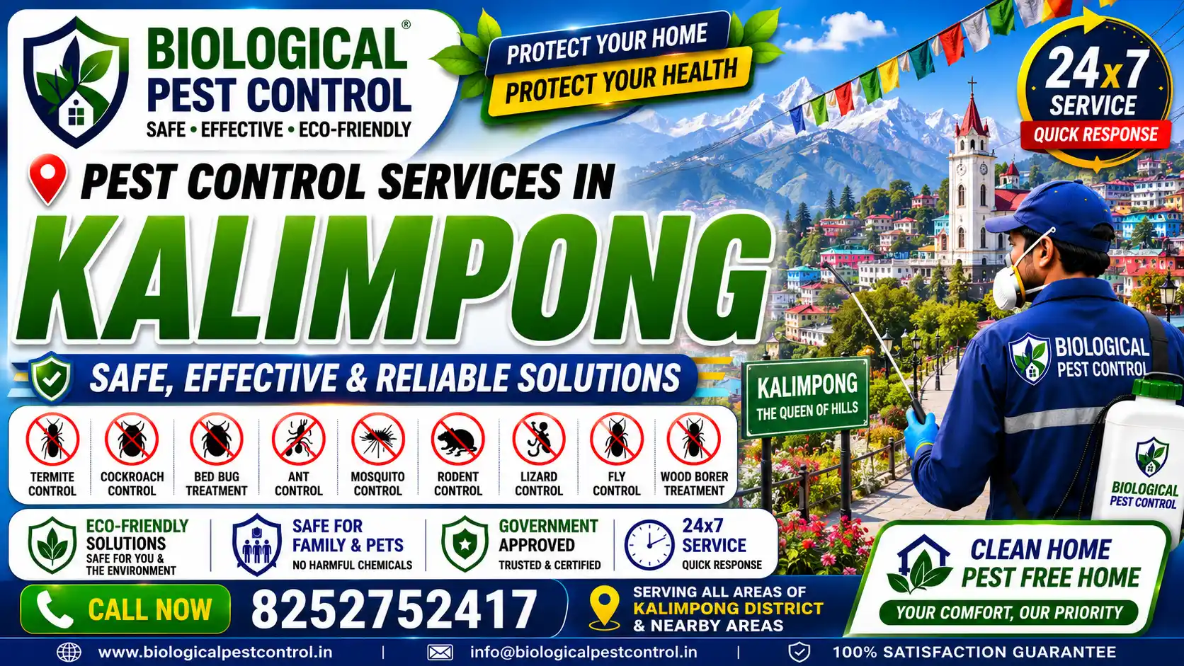 Looking for Eco-Friendly Biological Pest Control in Kalimpong & Kolkata? Get expert treatment for termites, wood borers, damp mold, ants, and rodents. Call 8252752417 for safe, organic pest management tailored for hill weather!
