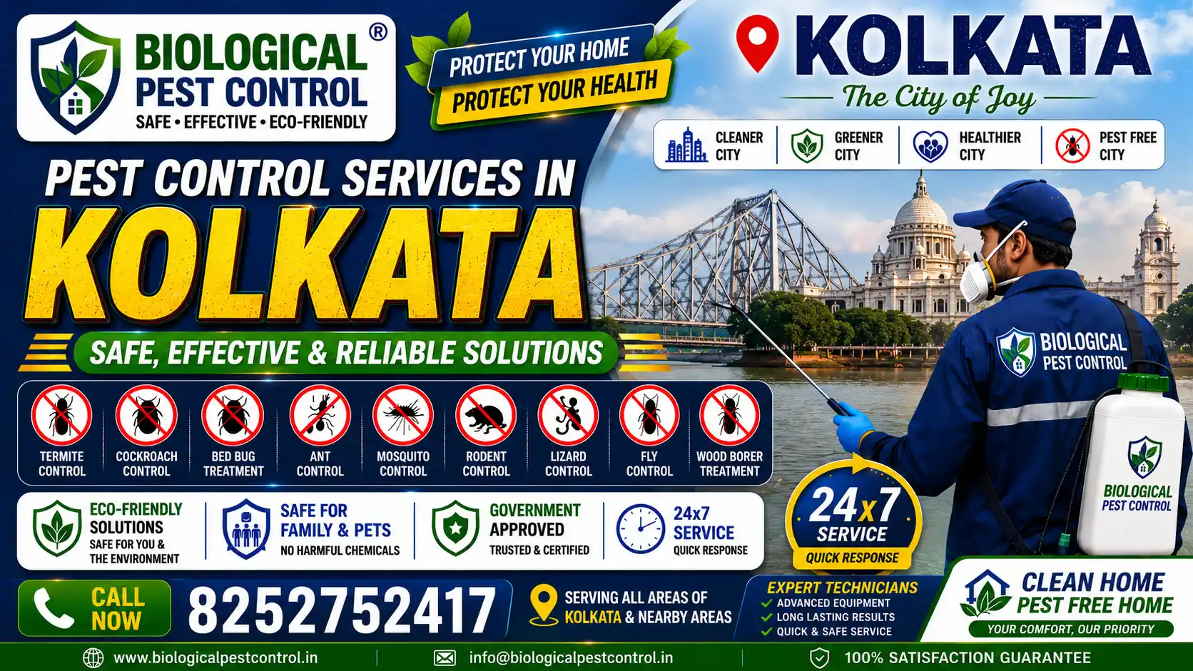 Looking for safe, non-toxic pest control in Kolkata? We offer eco-friendly biological treatments for termites, bed bugs, mosquitoes, rodents, and cockroaches across Salt Lake, New Town, Park Street, and South Kolkata. Call +91-8252752417!