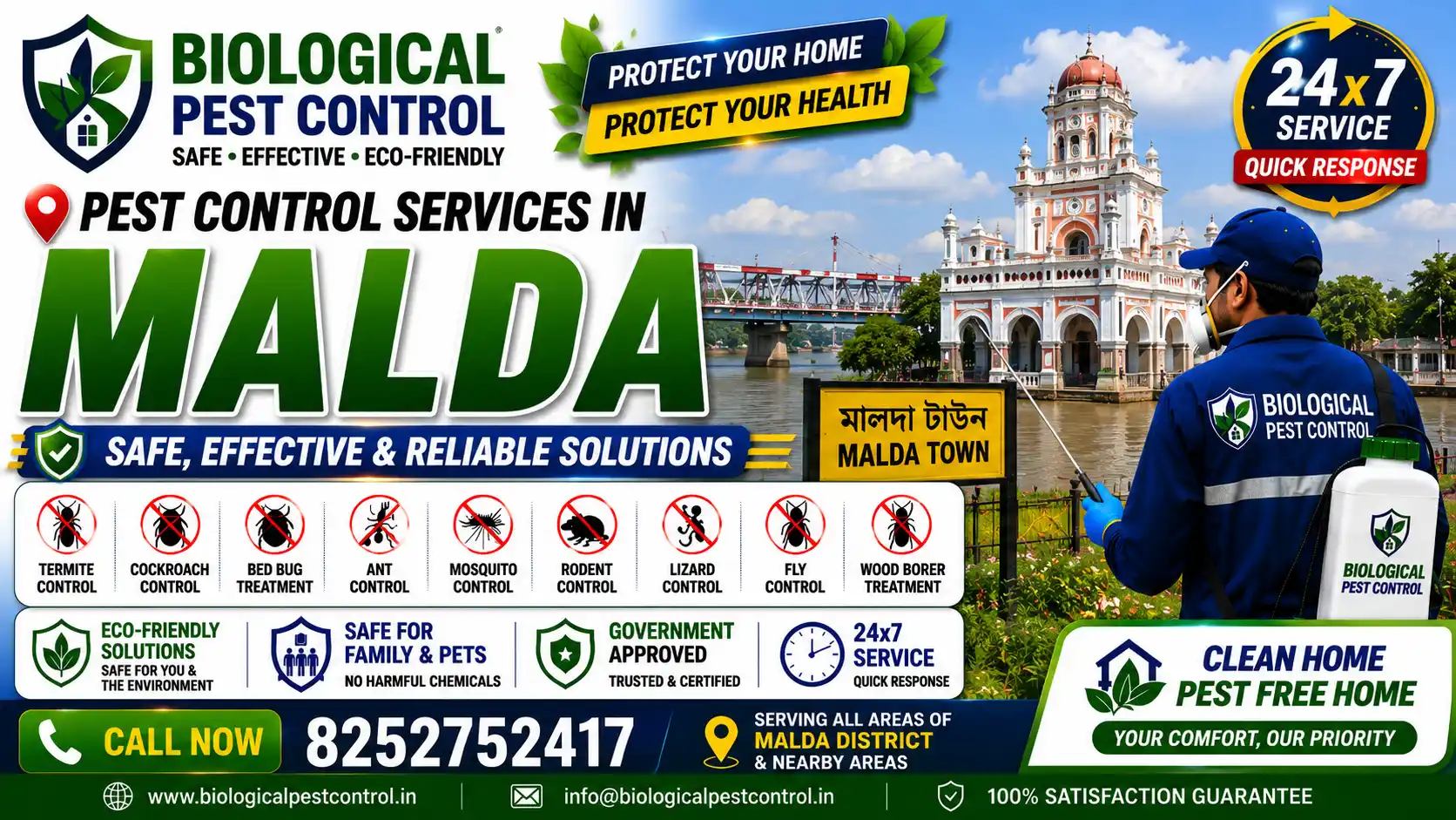 Looking for reliable, eco-friendly pest control in Malda and Kolkata? We offer non-toxic biological treatments for termites, bed bugs, mosquitoes, rodents, and cockroaches across English Bazar, Old Malda, Chanchal, and Gazole. Call +91-8252752417!