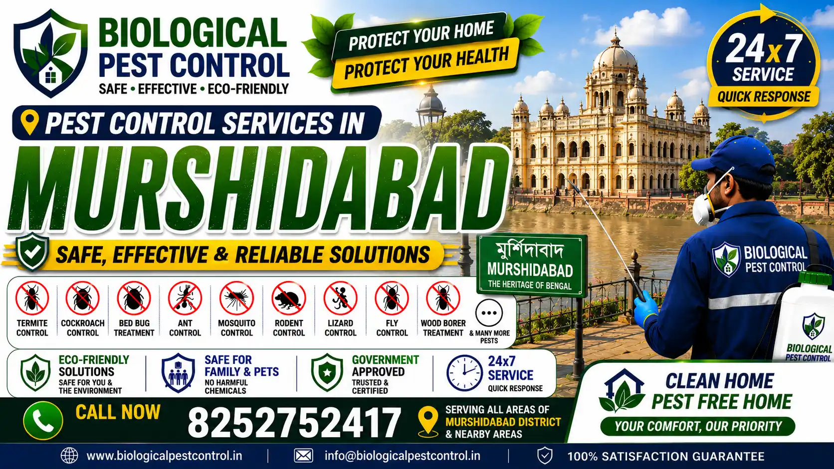 Looking for safe, non-toxic pest control in Murshidabad? We provide biological and eco-friendly treatment for termites, mosquitoes, bed bugs, rodents, and more across Berhampore, Lalbagh, Jangipur, and Kandi. Call +91-8252752417 today!