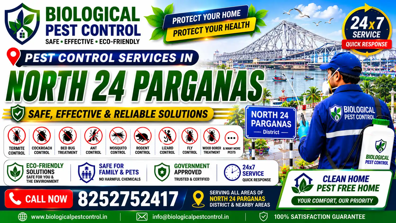 Trusted pest control services in North 24 Parganas, Salt Lake, New Town, & Barasat. Safe, eco-friendly termite, cockroach, bed bug, & rodent control. Call +91 8252752417 for a free quote!