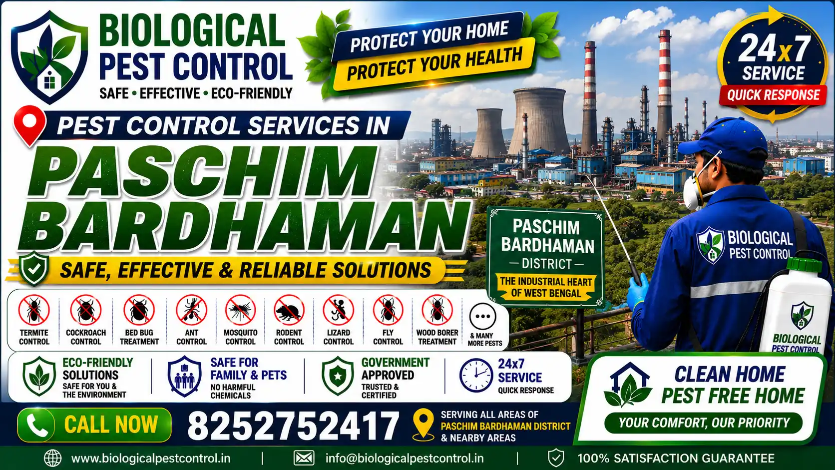 Trusted pest control services in Paschim Bardhaman, Asansol, Durgapur, & Raniganj. Safe, eco-friendly termite, cockroach, bed bug, & rodent control. Call +91 8252752417 for a free quote!