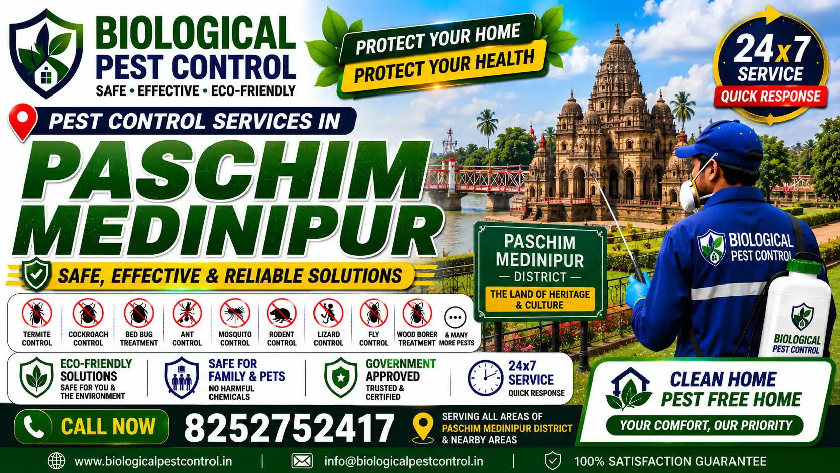 Trusted pest control services in Paschim Medinipur, Kharagpur, Midnapore Town, & Ghatal. Safe, eco-friendly termite, cockroach, bed bug, & rodent control. Call +91 8252752417 for a free quote!