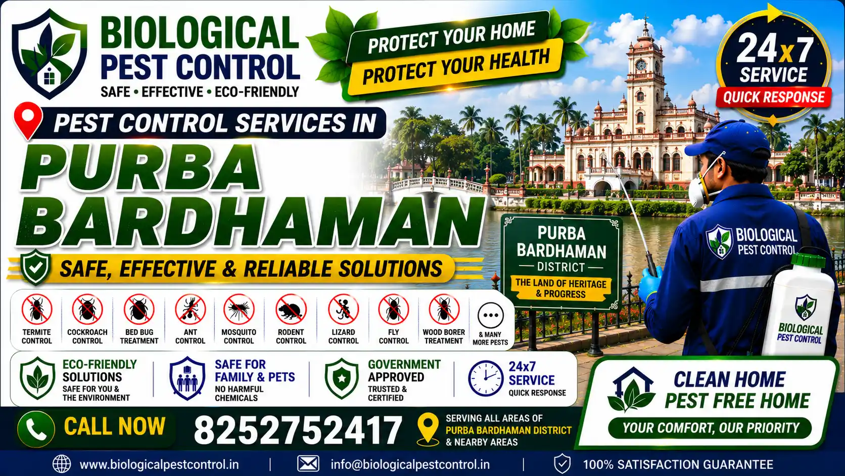 Trusted pest control services in Purba Bardhaman, Kalna, Katwa, & Memari. Safe, eco-friendly termite, cockroach, bed bug, & rodent control. Call +91 8252752417 for a free quote!