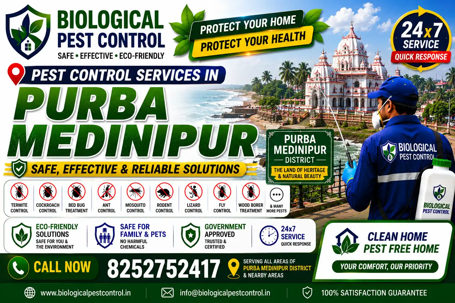 Trusted pest control services in Purba Medinipur, Haldia, Digha, & Tamluk. Safe, eco-friendly termite, cockroach, bed bug, & rodent control. Call +91 8252752417 for a free quote!