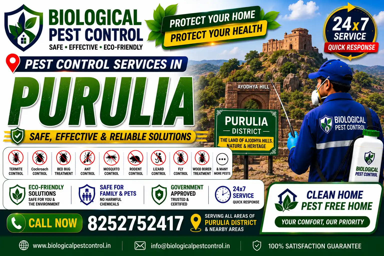 Top-rated pest control services in Purulia, Adra, & Raghunathpur. Eco-friendly termite, cockroach, bed bug, & rodent control. Call +91 8252752417 for a free quote!