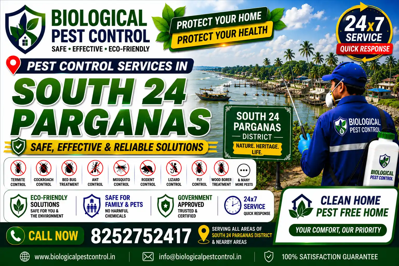 Trusted pest control services in South 24 Parganas, Baruipur, & Sonarpur. Safe, eco-friendly termite, cockroach, bed bug, and rodent control. Call +91 8252752417 for a free quote!