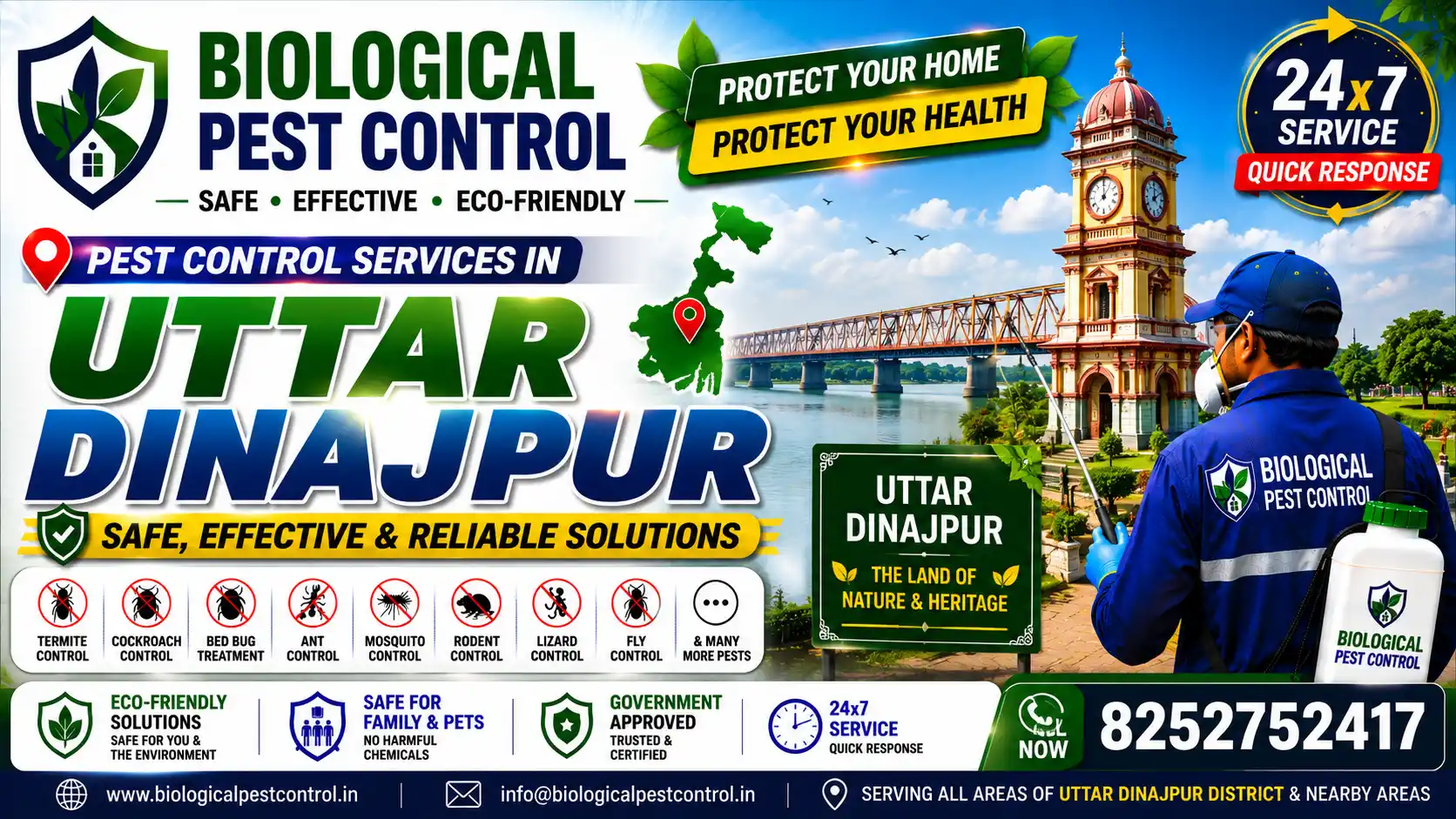 Trusted pest control services in Uttar Dinajpur, Raiganj, & Islampur. Eco-friendly termite, cockroach, bed bug, and rodent control. Call +91 8252752417 for a free quote!

We provide safe, effective, and affordable pest control solutions for homes, offices, shops, and commercial spaces.

Our Branches:

* Patna, Bihar
* Ranchi, Jharkhand
* Uttar Dinajpur, West Bengal

Book Your Appointment 24×7
+91 9006876967

Appointment Helpline
+91 8002838984

Ranchi Office
+91 8252752417

Email: [biologicalpestcontrol@gmail.com](mailto:biologicalpestcontrol@gmail.com)

Biological Pest Control – Safe Treatment. Trusted Protection. Pest-Free Living!

Main Office: Central Bank Awaas, East of Janta Flat, Sector-6, Bahadurpur H, Bahadurpur, Patna – 800026

Ranchi Office:** 245, Dumardaga, New Mahadir Nagar, Near Sarna Asthal, Ranchi, Jharkhand – 835217

📍 **West Bengal Branch:** Uttar Dinajpur, West Bengal