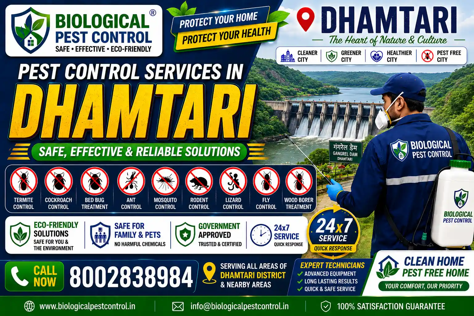 Looking for eco-friendly biological pest control in Dhamtari, Chhattisgarh? Biological Pest Control offers safe, odorless, and CIB-approved termite, cockroach, bed bug, rodent, and mosquito treatments across Dhamtari Town, Kurud, Nagri, Sihawa, Magarlod, and nearby areas. Call 8002838984 for a free inspection!