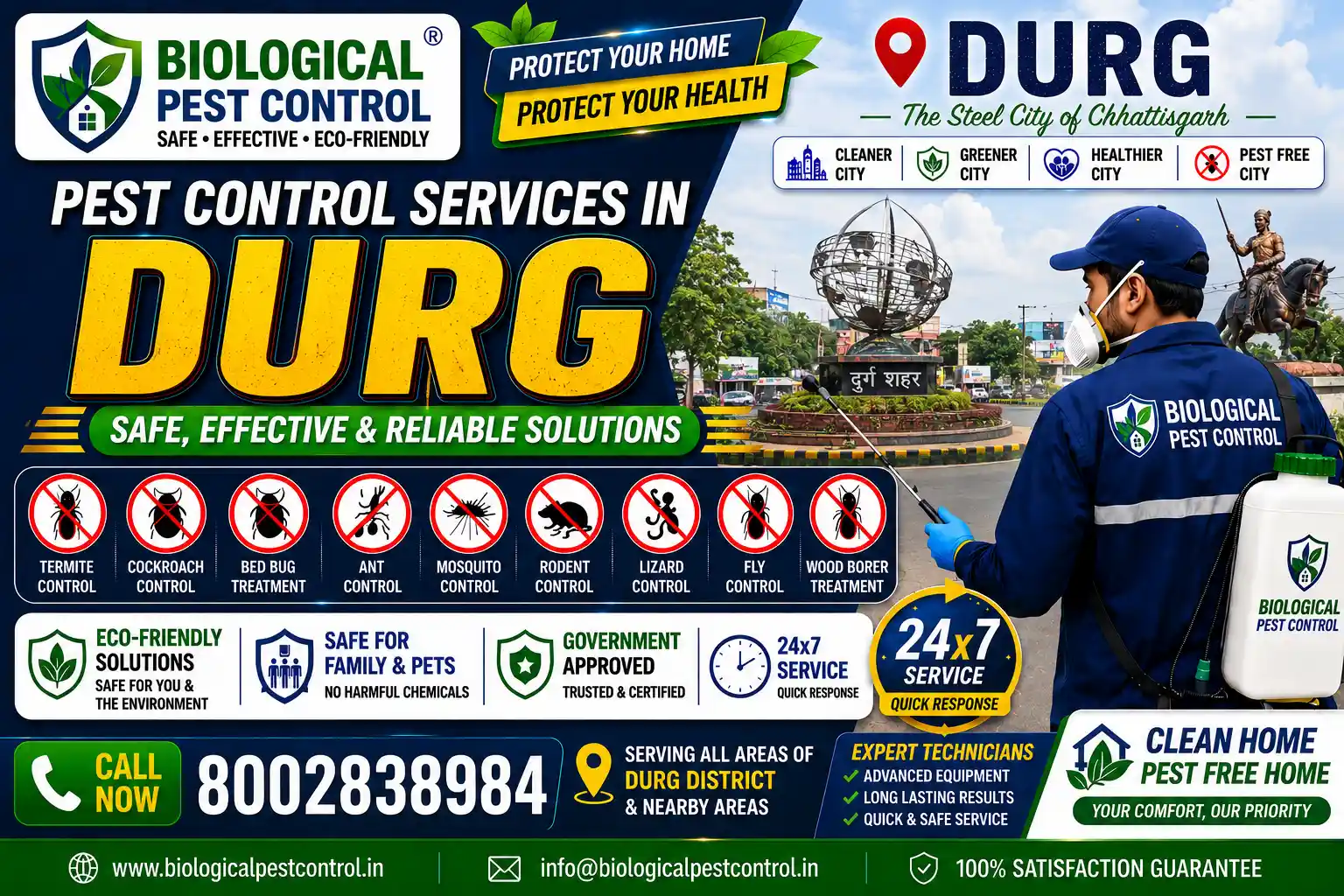 Looking for eco-friendly biological pest control in Durg, Chhattisgarh? Biological Pest Control offers safe, odorless, and CIB-approved termite, cockroach, bed bug, rodent, and mosquito treatments across Bhilai Nagar, Durg Sadar, Smriti Nagar, Mohan Nagar, Pulgaon, Anda, and nearby areas. Call 8002838984 for a free inspection!
