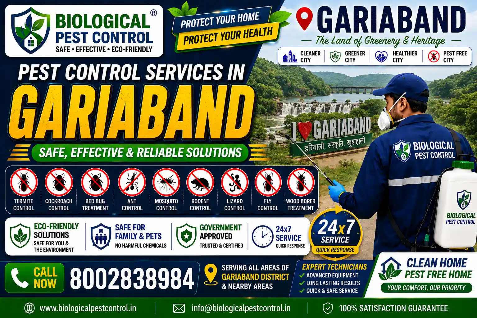 Looking for eco-friendly biological pest control in Gariaband, Chhattisgarh? Biological Pest Control offers safe, odorless, and CIB-approved termite, cockroach, bed bug, rodent, and mosquito treatments across Gariaband Sadar, Rajim, Chhura, Fingeshwar, Mainpur, Deobhog, and nearby areas. Call 8002838984 for a free inspection!