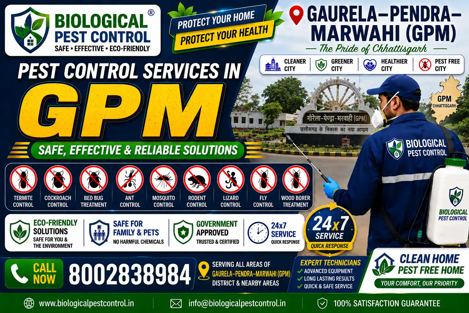 Looking for eco-friendly biological pest control in Gaurela–Pendra–Marwahi (GPM), Chhattisgarh? Biological Pest Control offers safe, odorless, and CIB-approved termite, cockroach, bed bug, rodent, and mosquito treatments across Gaurela, Pendra, Marwahi, Sanjeet Nagar, Semra, and nearby areas. Call 8002838984 for a free inspection!
