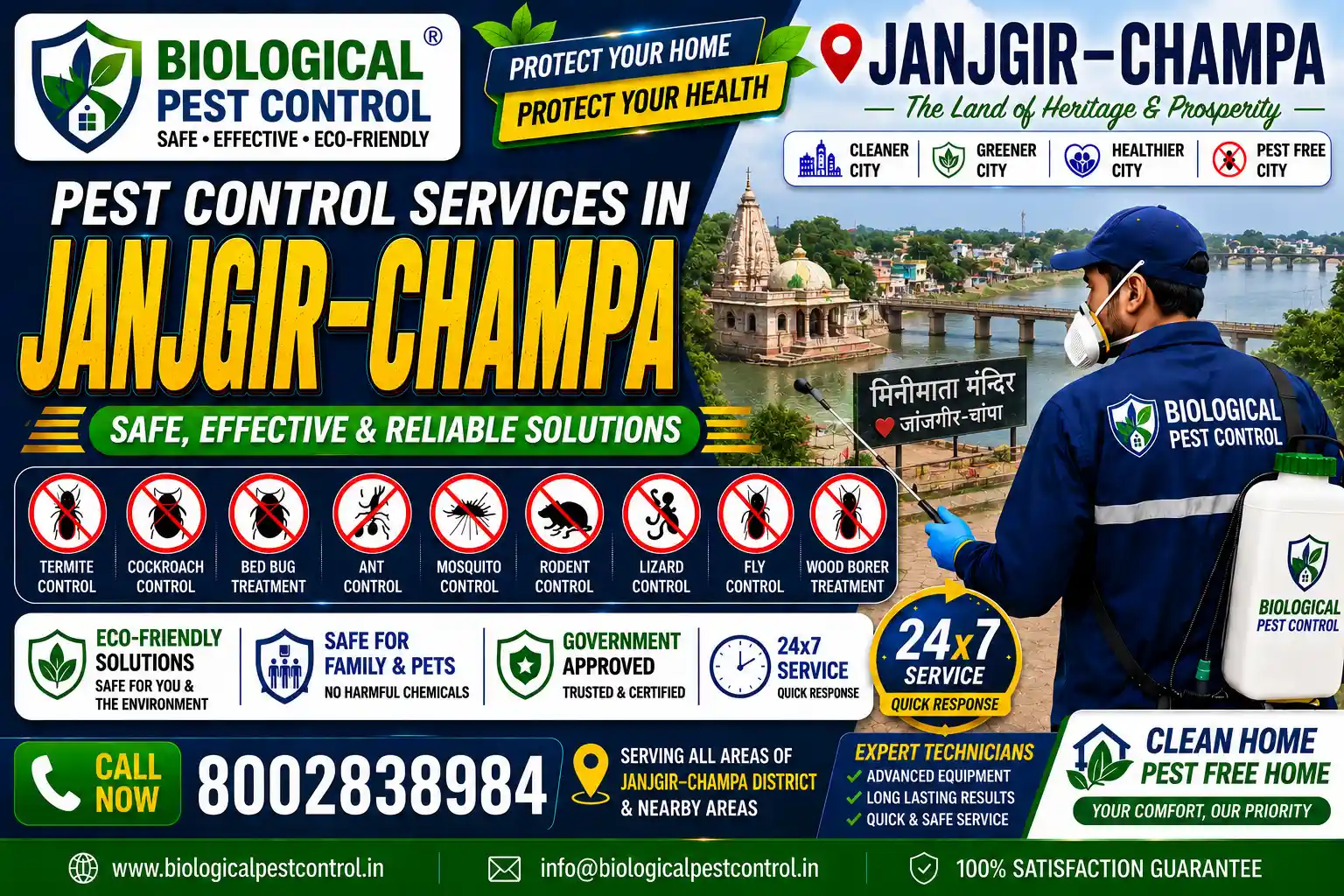 Looking for eco-friendly biological pest control in Janjgir–Champa, Chhattisgarh? Biological Pest Control offers safe, odorless, and CIB-approved termite, cockroach, bed bug, rodent, and mosquito treatments across Naila Janjgir, Champa, Akaltara, Baloda, Nawagarh, Shivrinarayan, Pamgarh, Hasdeo Vihar Colony, and nearby areas. Call 8002838984 for a free inspection!