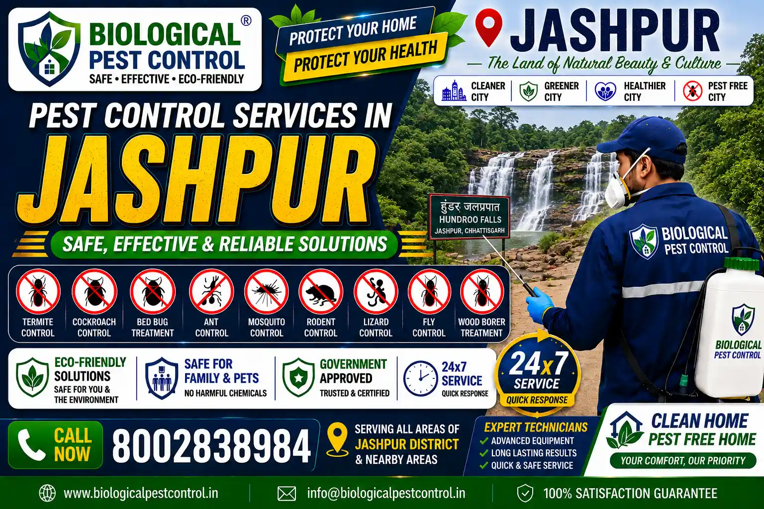 Looking for eco-friendly biological pest control in Jashpur, Chhattisgarh? Biological Pest Control offers safe, odorless, and CIB-approved termite, cockroach, bed bug, rodent, and mosquito treatments across Jashpur Nagar, Kunkuri, Pathalgaon, Bagicha, Duldula, Kansabel, Farsabahar, and nearby areas. Call 8002838984 for a free inspection!