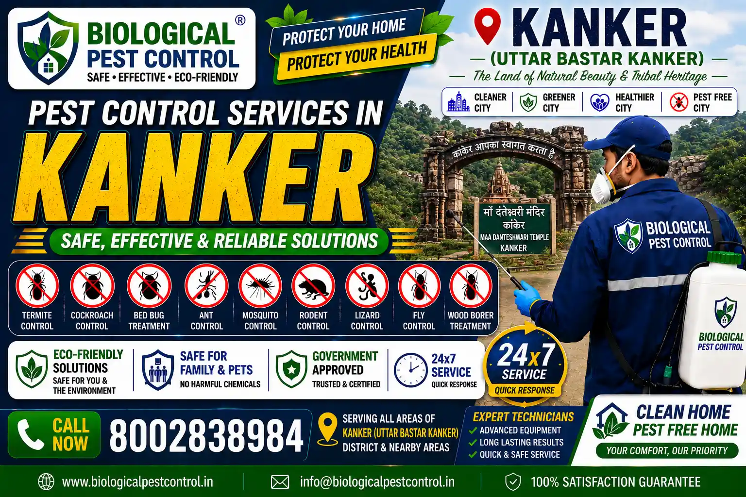 Looking for eco-friendly biological pest control in Kanker (Uttar Bastar Kanker), Chhattisgarh? Biological Pest Control offers safe, odorless, and CIB-approved termite, cockroach, bed bug, rodent, and mosquito treatments across Kanker Town, Bhanupratappur, Charama, Pakhanjur, Antagarh, Narharpur, and nearby areas. Call 8002838984 for a free inspection!