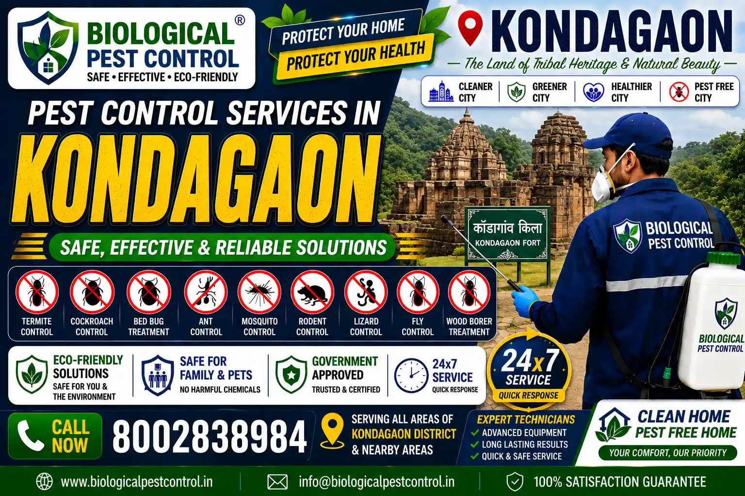 Looking for eco-friendly biological pest control in Kondagaon, Chhattisgarh? Biological Pest Control offers safe, odorless, and CIB-approved termite, cockroach, bed bug, rodent, and mosquito treatments across Kondagaon Town, Farasgaon, Keskal, Makdi, Baderajpur, Bellar, and nearby areas. Call 8002838984 for a free inspection!