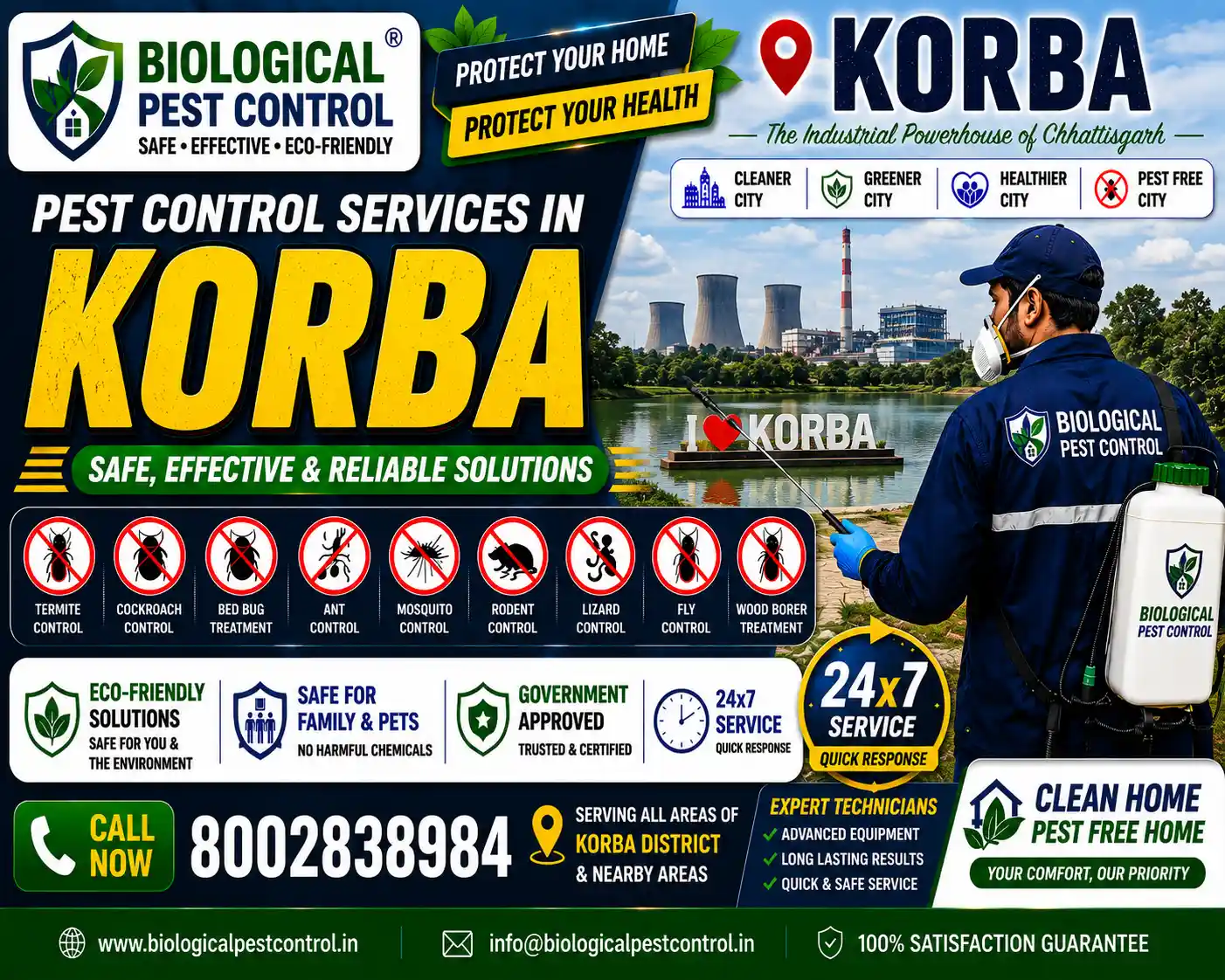 Looking for eco-friendly biological pest control in Korba, Chhattisgarh? Biological Pest Control offers safe, odorless, and CIB-approved termite, cockroach, bed bug, rodent, and mosquito treatments across Transport Nagar, Niharika, Balco Nagar, Jamnipali, NTPC Township, Kusmunda, Katghora, and nearby areas. Call 8002838984 for a free inspection!