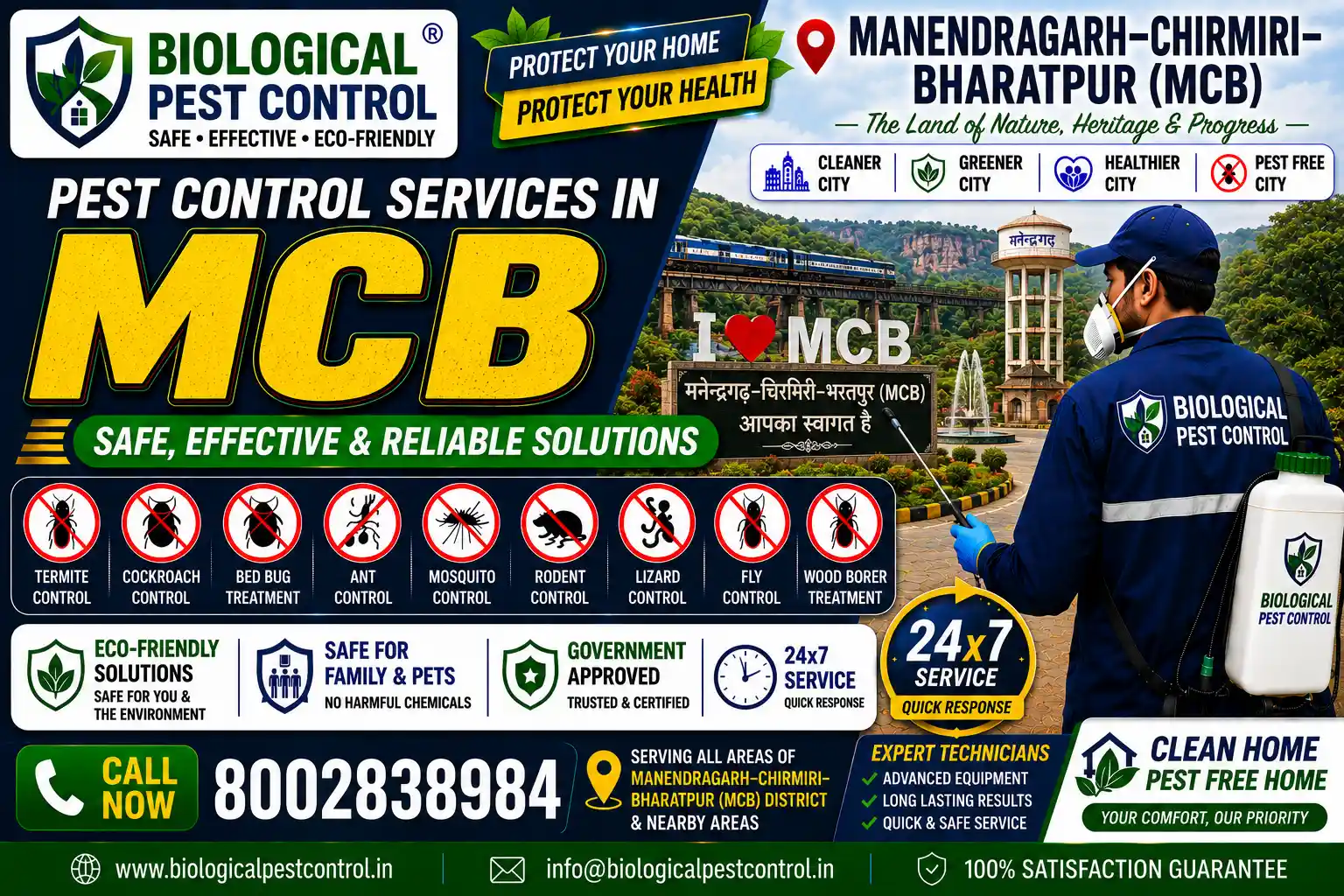 Looking for safe, eco-friendly biological pest control in Manendragarh–Chirmiri–Bharatpur (MCB), Chhattisgarh? Biological Pest Control delivers odorless, CIB-approved termite, cockroach, bed bug, rodent, and coal-belt pest treatments across Manendragarh, Chirmiri, Janakpur, Khadgawan, Jhagrakhand, and Khongapani. Call 8002838984 for a free property inspection!