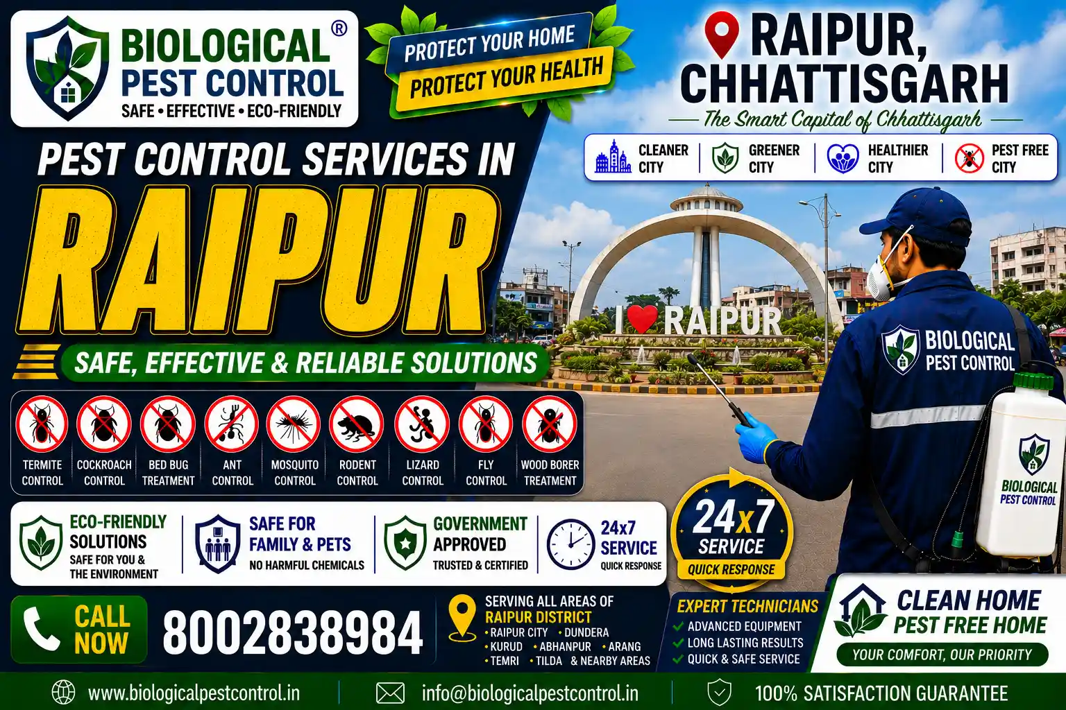 Looking for eco-friendly, safe, and odorless biological pest control in Raipur, Chhattisgarh? Biological Pest Control offers CIB-approved termite, cockroach, bed bug, rodent, mosquito, and industrial pest treatments across Shankar Nagar, Naya Raipur, VIP Road, Telibandha, Devendra Nagar, and Tatibandh. Call 8002838984 for a free property inspection!