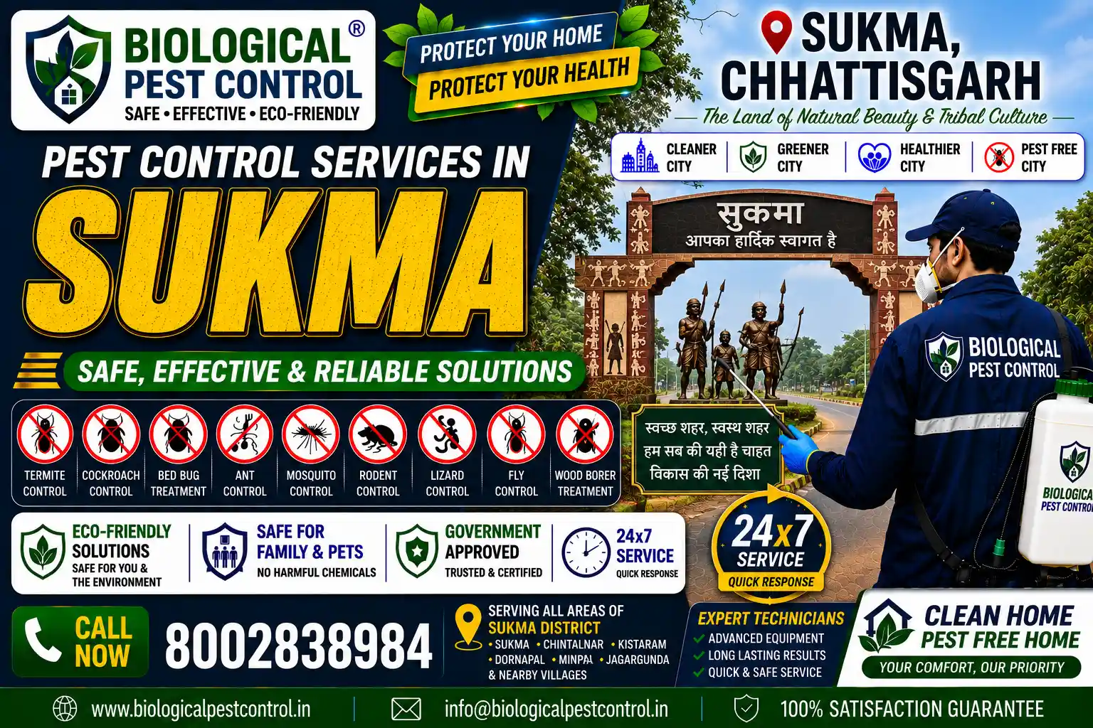 Eco-friendly, safe, and odorless biological pest control services in Sukma, Chhattisgarh. Biological Pest Control provides CIB-certified anti-termite treatments, herbal cockroach gel baiting, bed bug steam treatments, rodent management, and agricultural pest solutions across Sukma Town, Dornapal, Konta, Chhindgarh, and Sabari River Belt. Call 8002838984 for a free site inspection!