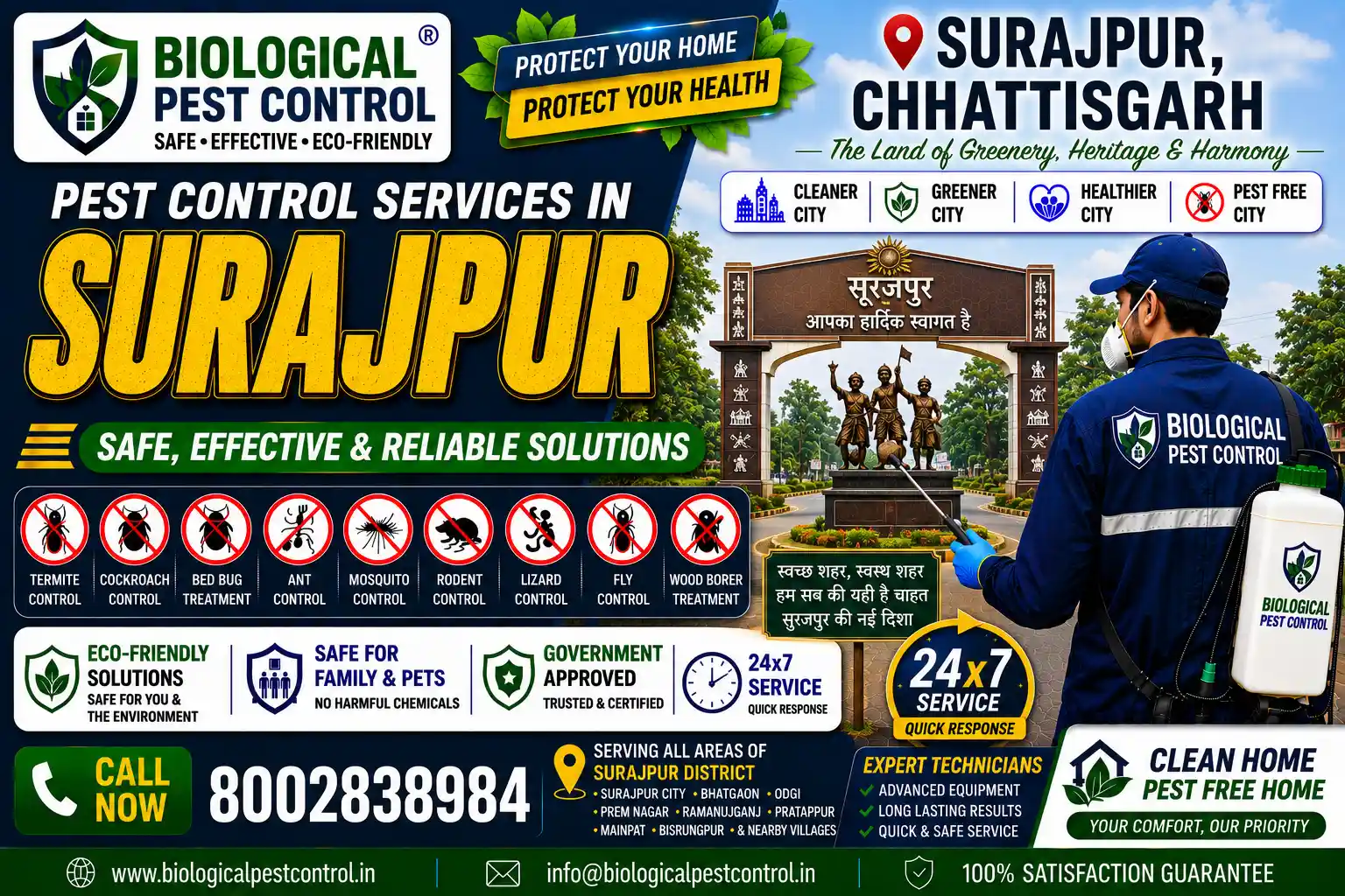 Professional, eco-friendly, and bio-botanical pest control services in Surajpur, Chhattisgarh. Biological Pest Control offers CIB-certified anti-termite treatment, cockroach gel baiting, bed bug steam treatment, rodent management, and agricultural/warehouse pest control across Surajpur Town, Bishrampur, Bhatgaon, Pratappur, Odagi, and Bhaiyathan. Call 8002838984 for a free site inspection!
