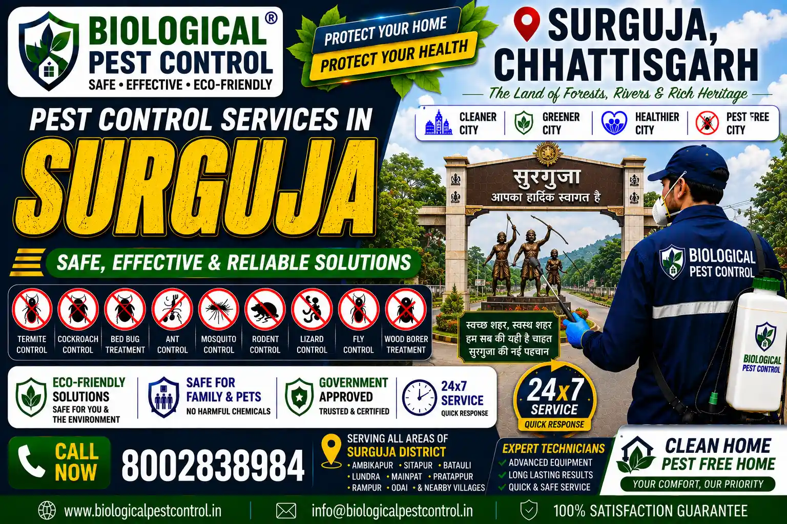 Professional, eco-friendly, and bio-botanical pest control services in Surguja district, Chhattisgarh. Biological Pest Control offers CIB-certified anti-termite treatment, cockroach gel baiting, bed bug steam treatment, rodent management, and agricultural/warehouse pest control across Ambikapur, Sitapur, Mainpat, Lakhanpur, Udaipur, and Lundra. Call 8002838984 for a free site inspection!