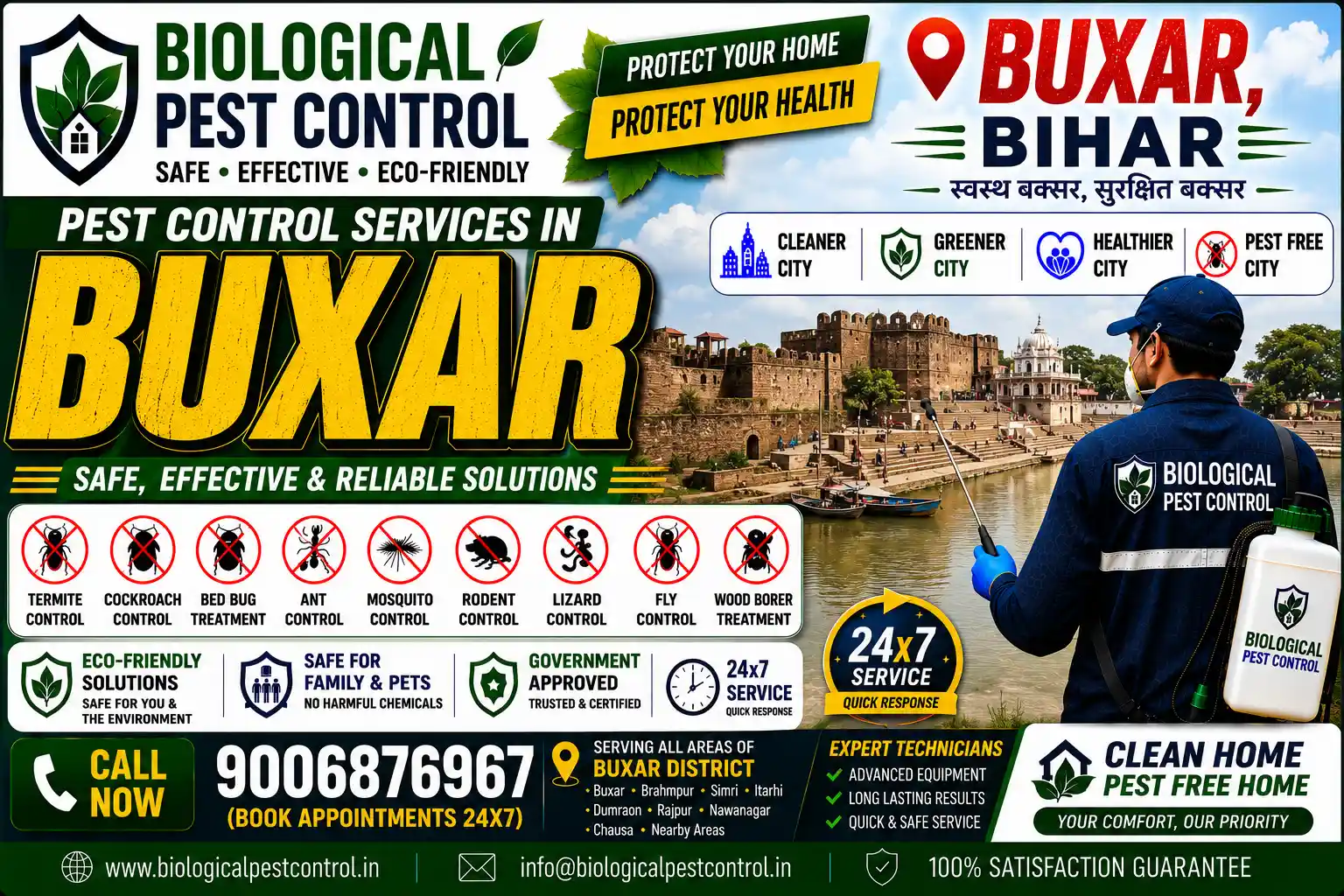 CIB-approved, non-toxic biological pest control in Buxar, Bihar. Expert subterranean anti-termite treatment, cockroach herbal gel baiting, bed bug steam treatment, rodent management, and grain godown pest control across Buxar City, Gajadhar Ganj, Charitra Van, Itarhi Road, Dumraon, Simri, and Rajpur. Call 9006876967 for a free site inspection!