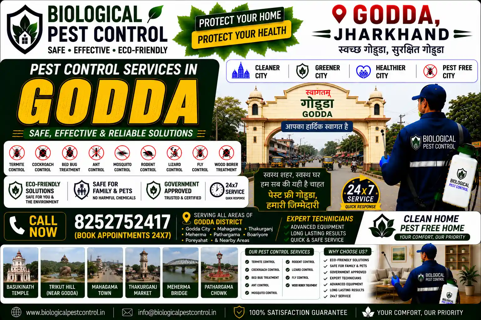 Looking for eco-friendly biological pest control in Godda, Jharkhand? Call 8252752417 for 100% safe, non-toxic termite, cockroach, rodent, and bed bug treatments across Kargali, Nahar Chowk, Asanboni, Mahagama, and Pathargama.