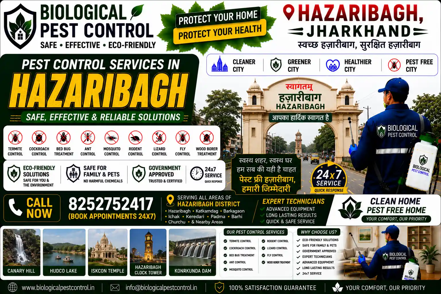 Looking for eco-friendly biological pest control in Hazaribagh, Jharkhand? Call 8252752417 for 100% safe, non-toxic termite, cockroach, rodent, and bed bug treatments across Matwari, Korrah, Cannaught Road, Barhi, and Barkagaon.
