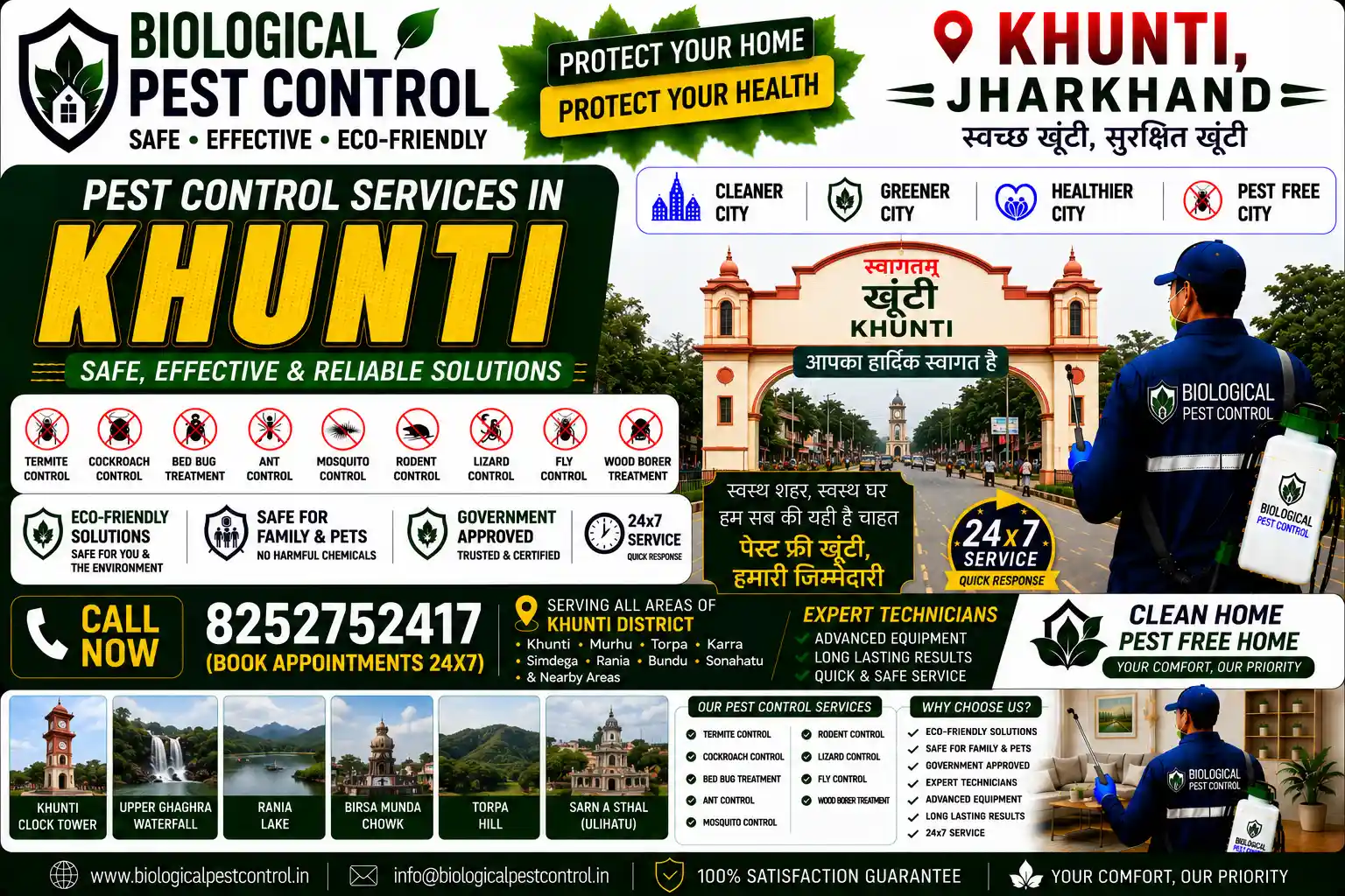 Looking for eco-friendly biological pest control in Khunti, Jharkhand? Call 8252752417 for 100% safe, non-toxic termite, cockroach, rodent, and bed bug treatments across Torpa Road, Main Road, Karra, Murhu, and Torpa.