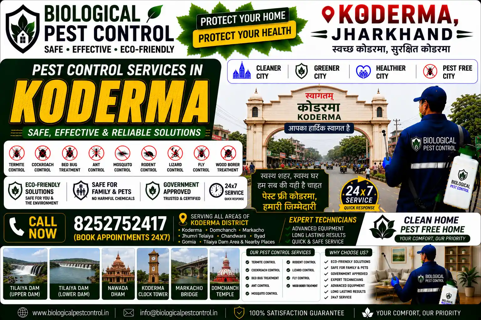 Looking for eco-friendly biological pest control in Koderma, Jharkhand? Call 8252752417 for 100% safe, non-toxic termite, cockroach, rodent, and bed bug treatments across Jhumri Telaiya, Station Road, Domchanch, Jainabad, and Markacho.