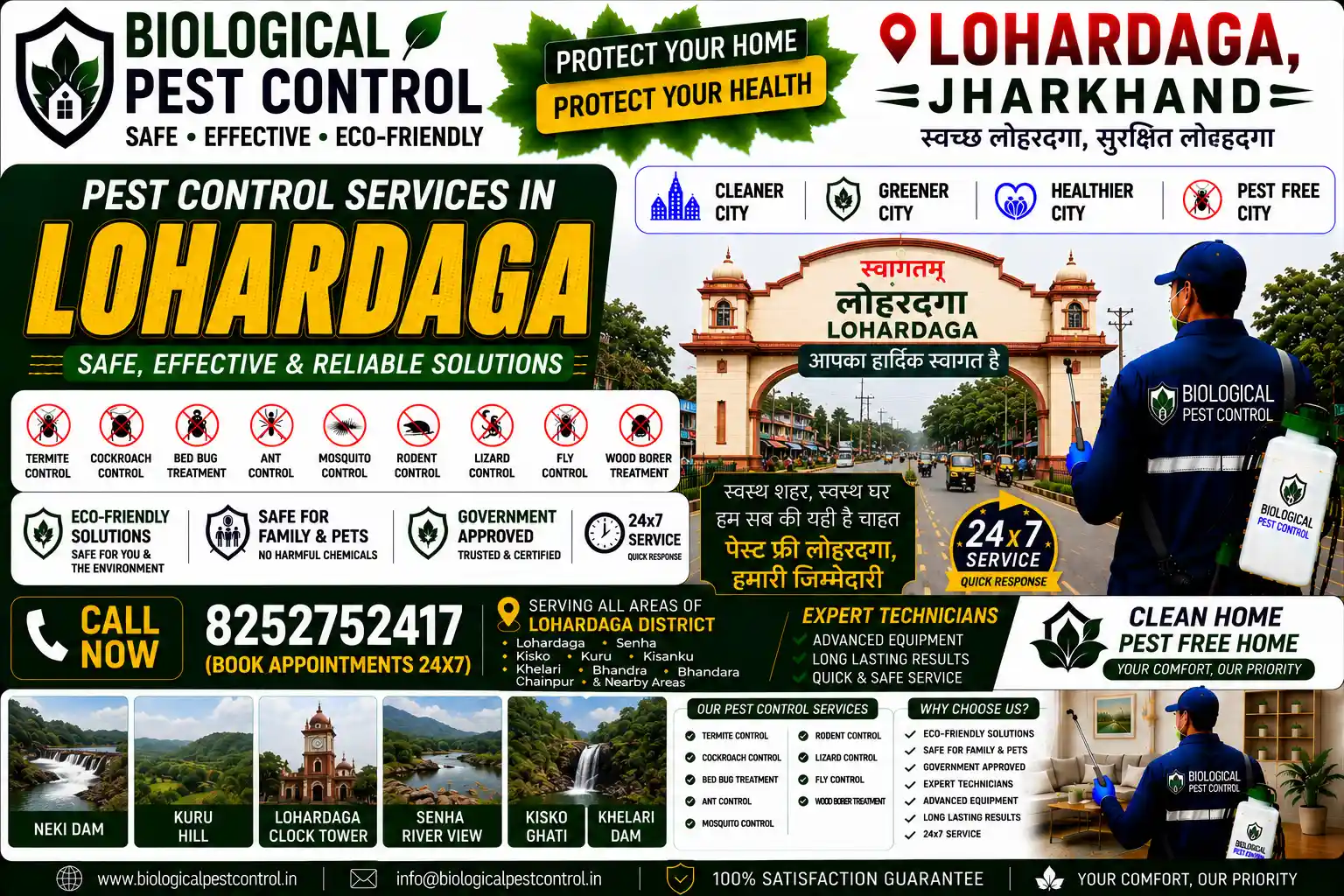 Looking for eco-friendly biological pest control in Lohardaga, Jharkhand? Call 8252752417 for 100% safe, non-toxic termite, cockroach, rodent, and bed bug treatments across Main Road, Power House Chowk, Kuru, Senha, and Bhandra.