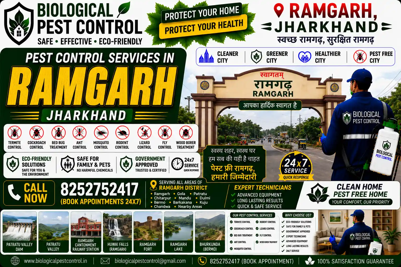 Looking for eco-friendly biological pest control in Ramgarh, Jharkhand? Call 8252752417 for 100% safe, non-toxic termite, cockroach, rodent, and bed bug treatments across Subhash Chowk, Chithaalu, Barkakana, Bhurkunda, and Gola.