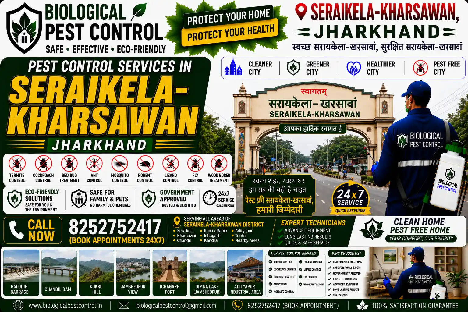 Looking for eco-friendly biological pest control in Seraikela-Kharsawan, Jharkhand? Call 8252752417 for 100% safe, non-toxic termite, cockroach, rodent, and bed bug treatments across Adityapur, Seraikela Town, Gamharia, Kharsawan, and Chandil.