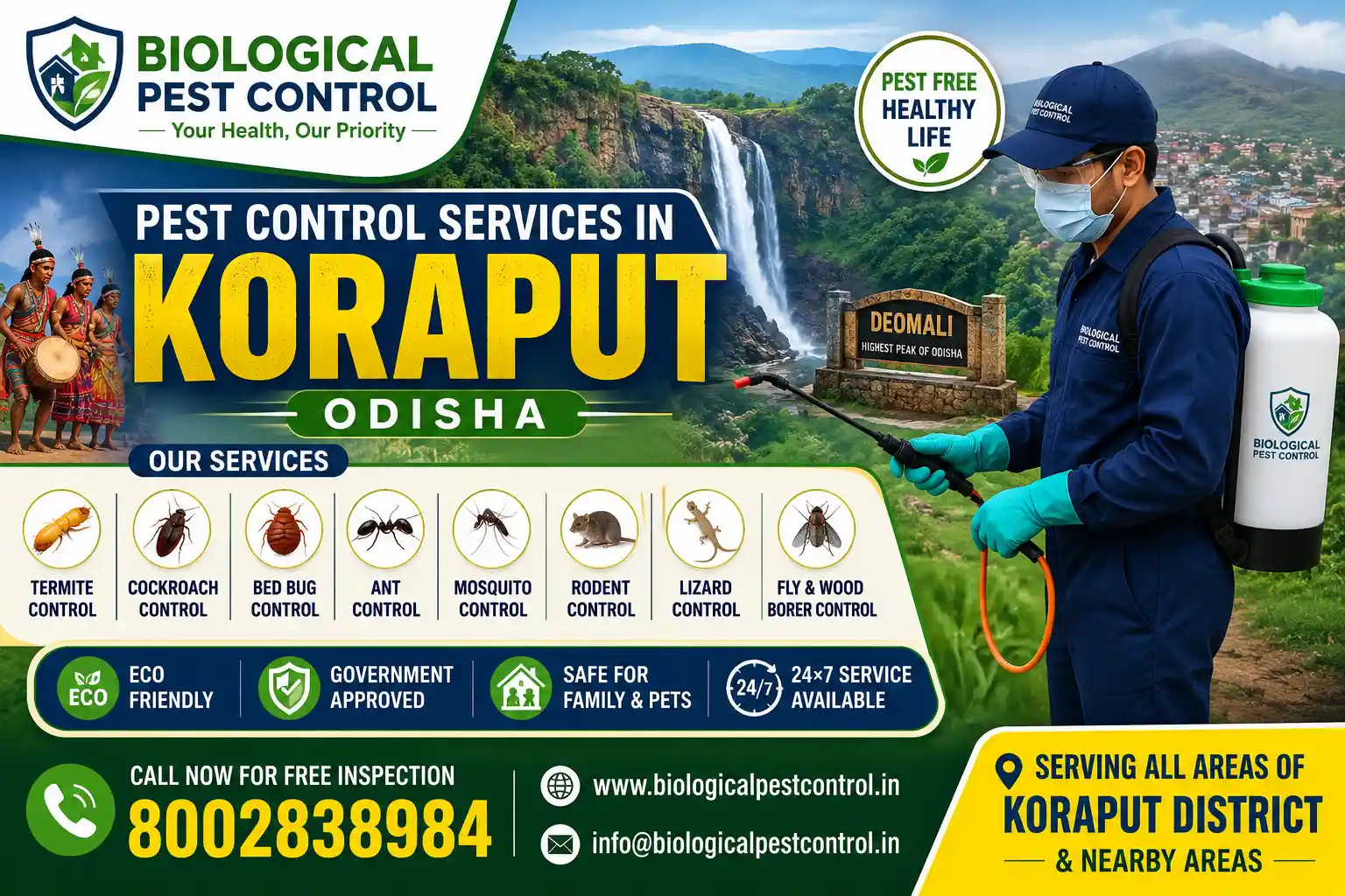 Best Pest Control in Koraput | Termite Control Services in Koraput | Biological Pest Control

Meta Description

Looking for trusted pest control in Koraput, Odisha? Biological Pest Control offers professional termite control, anti-termite treatment, cockroach control, bed bug treatment, rat control, mosquito control, spider control, and complete residential & commercial pest management in Koraput, Jeypore, Sunabeda, Kotpad, Semiliguda, Laxmipur, Nandapur, Pottangi, Borigumma, Boipariguda, and nearby areas. Koraput district has 14 development blocks.