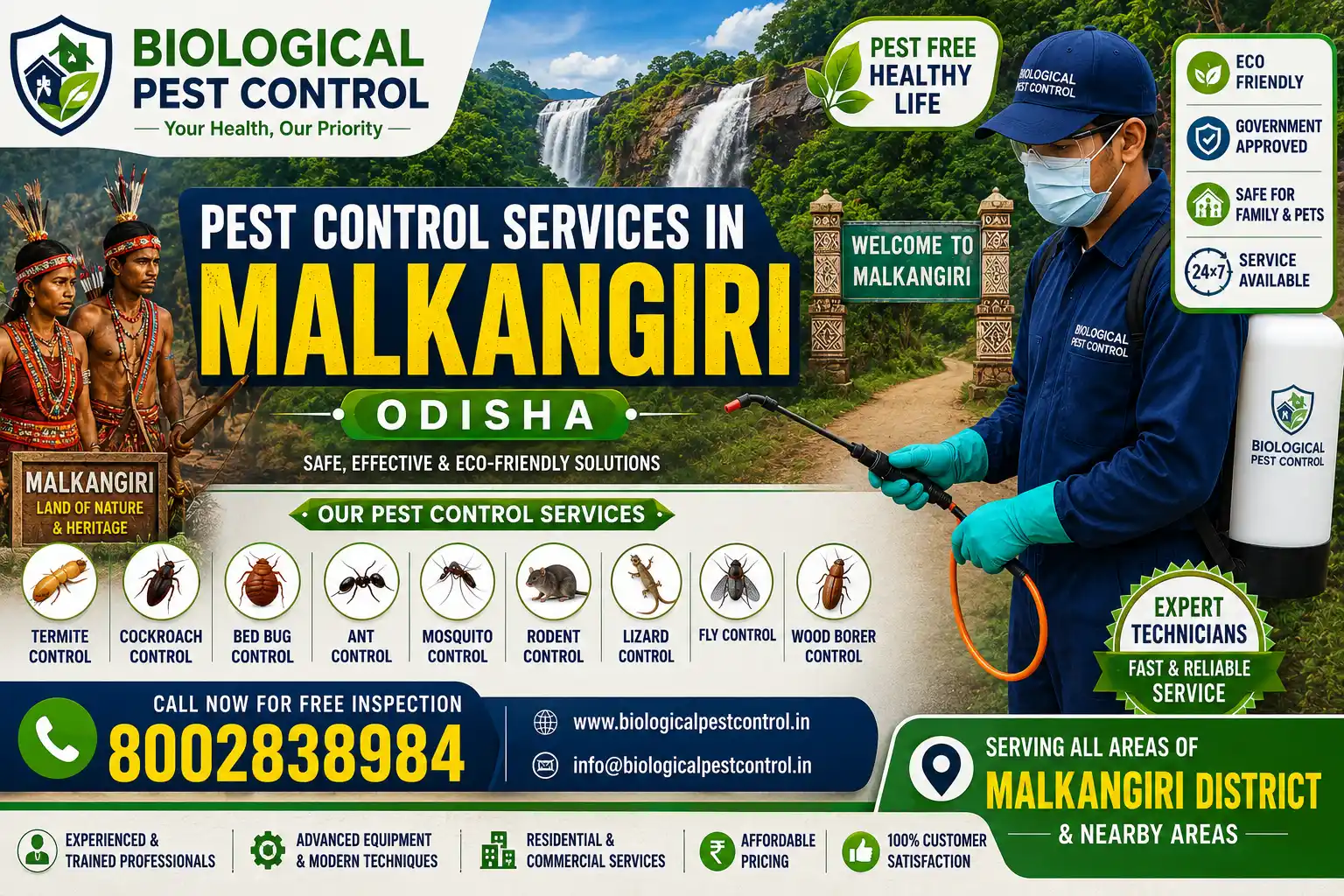 Best Pest Control in Malkangiri | Termite Control Services in Malkangiri | Biological Pest Control

Meta Description

Looking for trusted pest control in Malkangiri, Odisha? Biological Pest Control provides professional termite control, anti-termite treatment, cockroach control, bed bug treatment, rat control, mosquito control, spider control, and complete residential & commercial pest management in Malkangiri, Kalimela, Mathili, Chitrakonda, Khairaput, Korukonda, Podia, Balimela, MV-79, and nearby areas. The company serves all 7 blocks of Malkangiri district.