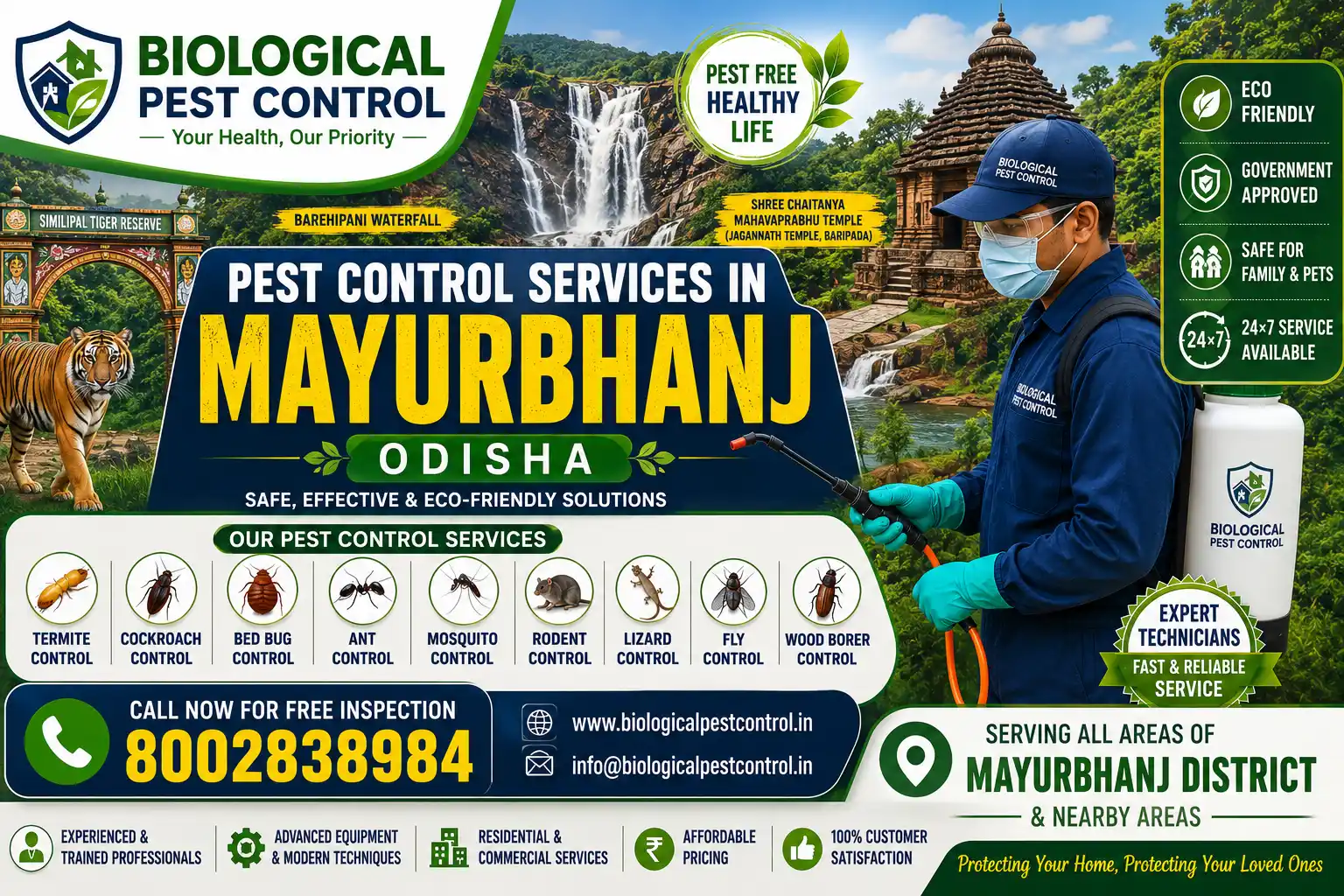 Best Pest Control in Mayurbhanj | Termite Control Services in Mayurbhanj | Biological Pest Control

Meta Description

Looking for trusted pest control in Mayurbhanj, Odisha? Biological Pest Control provides professional termite control, anti-termite treatment, cockroach control, bed bug treatment, rat control, mosquito control, spider control, lizard control, centipede control, and complete residential & commercial pest management in Baripada, Rairangpur, Karanjia, Udala, Jashipur, Bangiriposi, Betanati, Saraskana, Bisoi, Bahalda, and across all 26 blocks of Mayurbhanj district. Mayurbhanj is one of Odisha's largest districts, making reliable pest management essential for homes and businesses